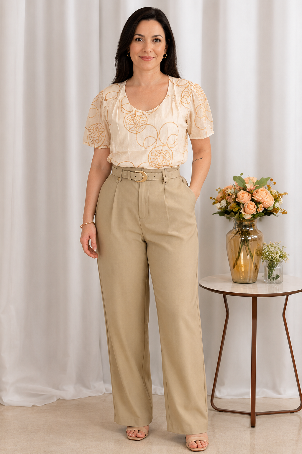 Blusa em Laise com Pregas no Colo Dália Creme