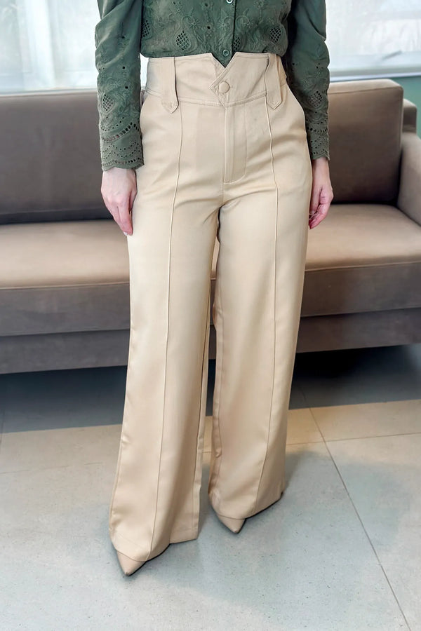 Calça Pantalona Detalhe Passador Alissa Bege