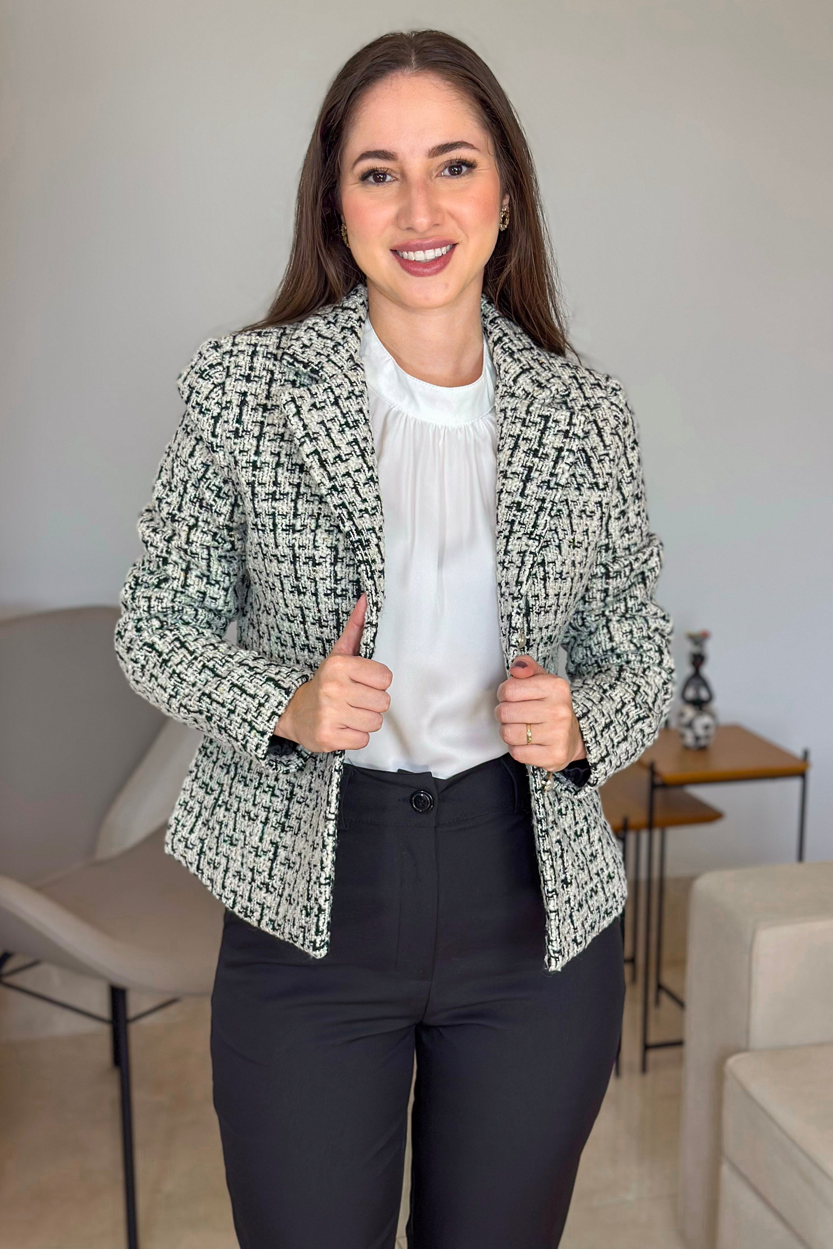 Casaco Elegante Em Tweed Pérola Estampado Preto