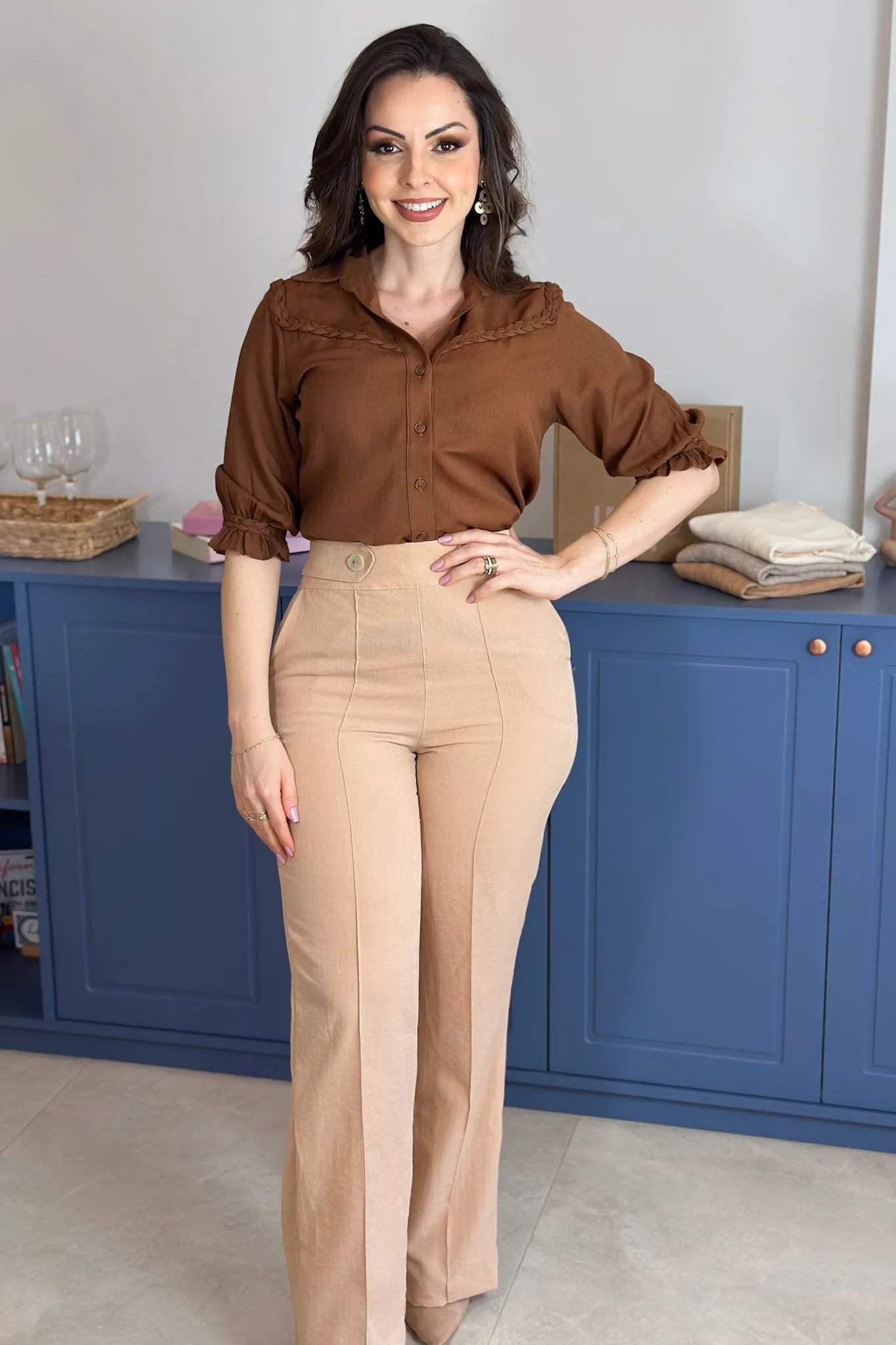 Blusa Manga 3/4 Visco Soft Detalhe Trançado Elenir Marrom