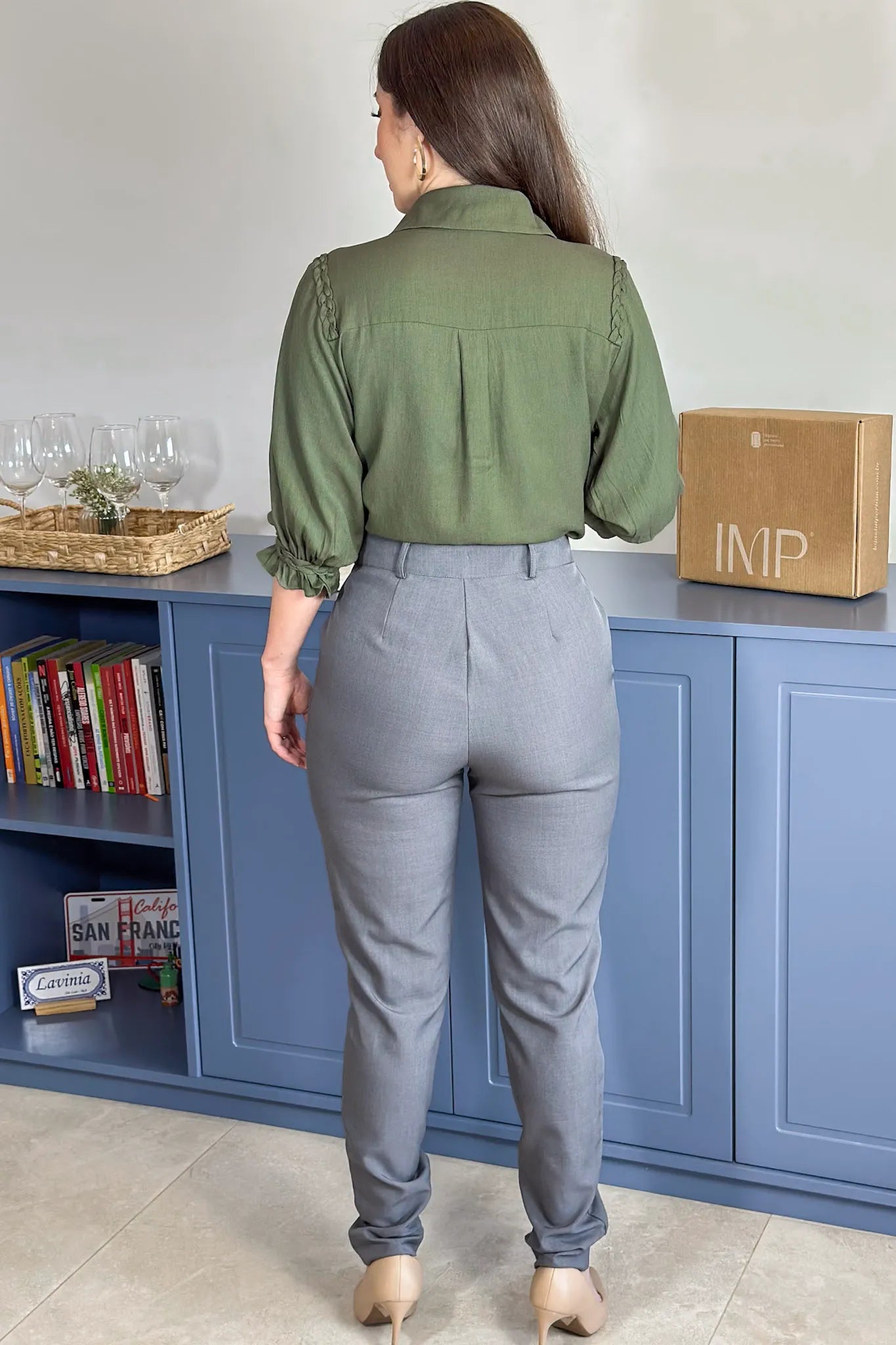 Blusa Manga 3/4 Visco Soft Detalhe Trançado Elenir Verde Militar