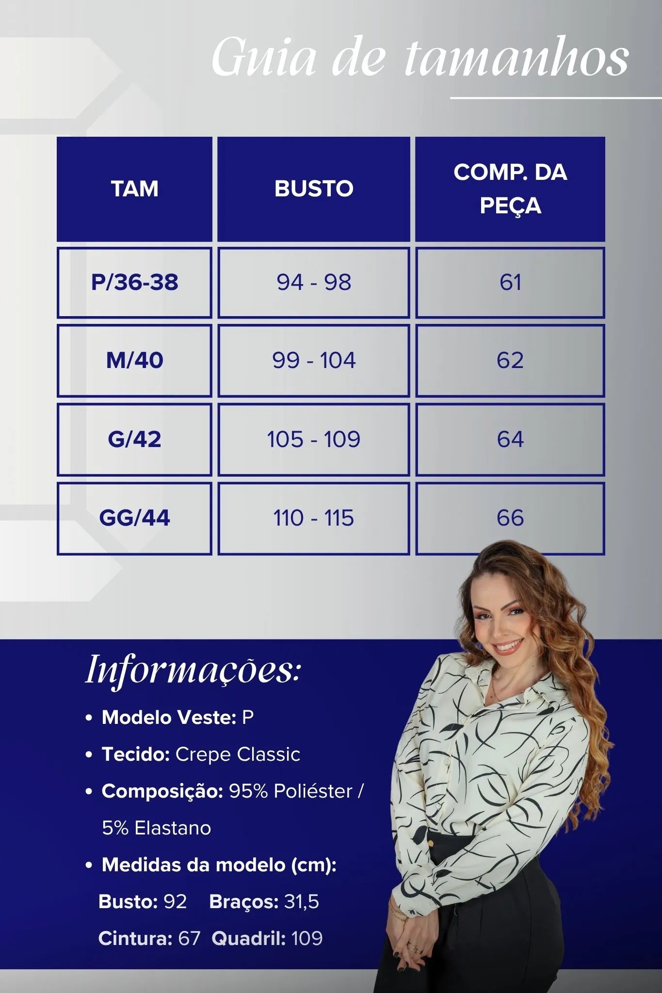 Camisa Manga Longa Crepe Classic Elaine Estampada Branca