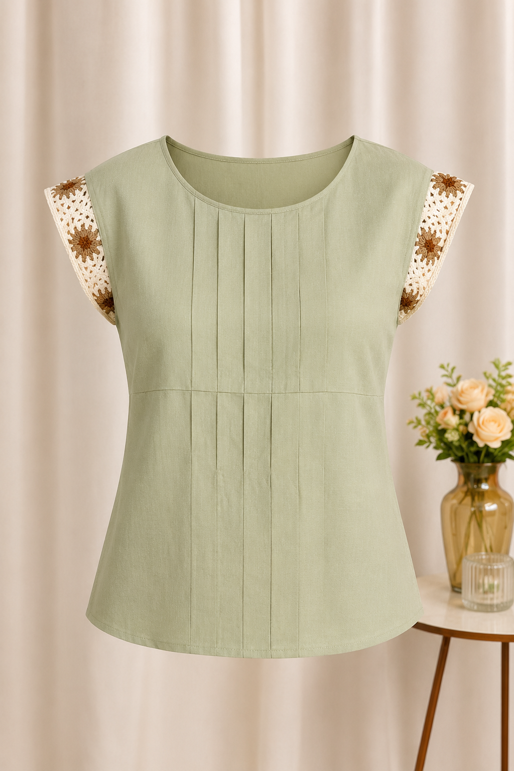 Blusa Em Visco Linho Manga Muscle Bordada Elen Verde