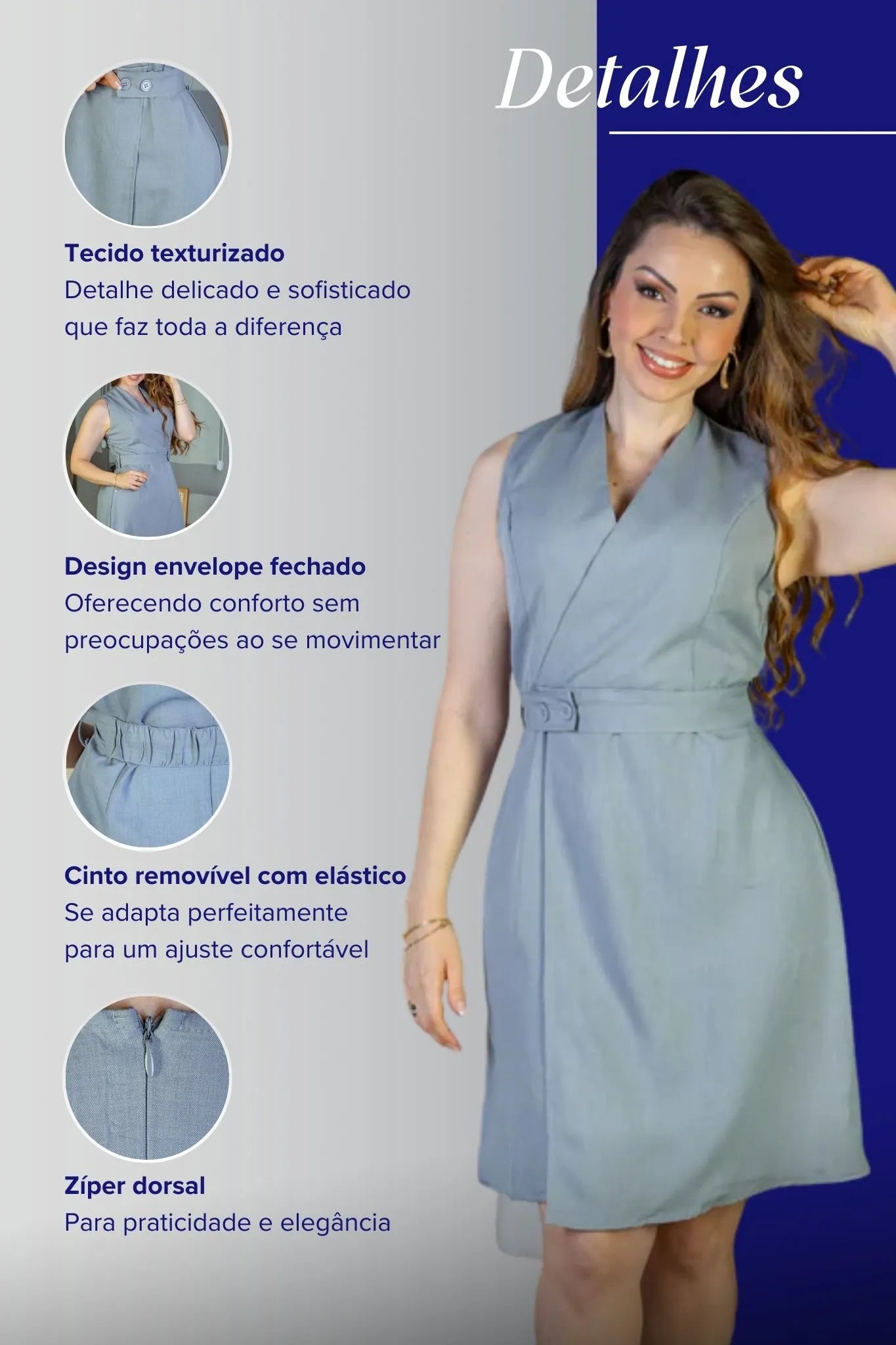 Vestido Decote "V" Regata Detalhe Cinto Soft Elegance Malu Azul