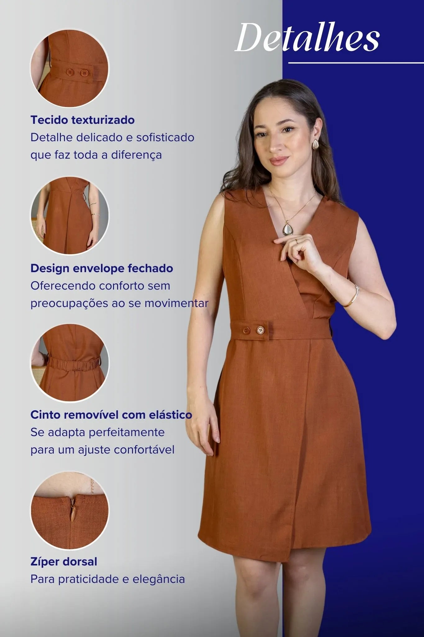 Vestido Decote "V" Regata Detalhe Cinto Soft Elegance Malu Marrom