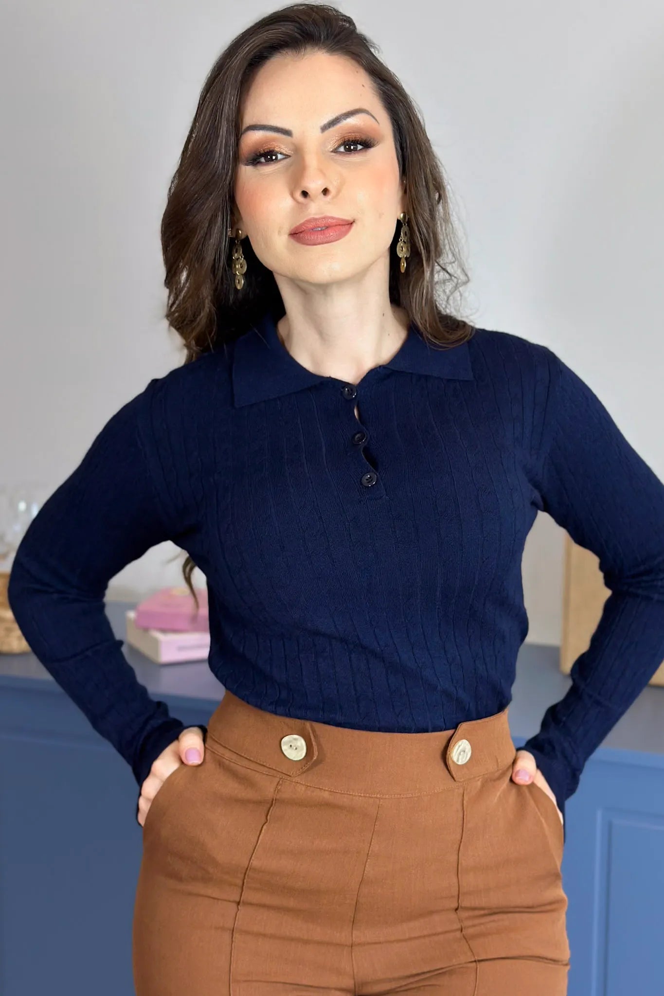 Blusa Manga Longa Em Tricot Cotton Antonella Azul Marinho