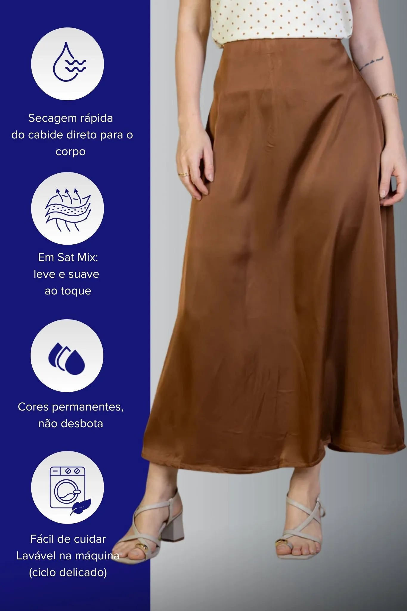 Saia Midi Lisa Sat Mix Magda Marrom Escuro