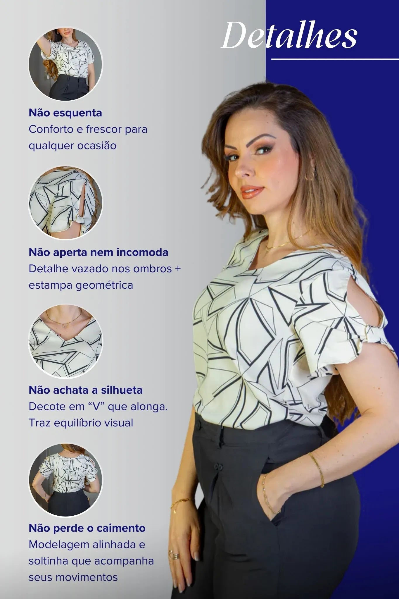 Blusa Manga Curta Decote "V" Crepe Classic Margot Estampada Creme