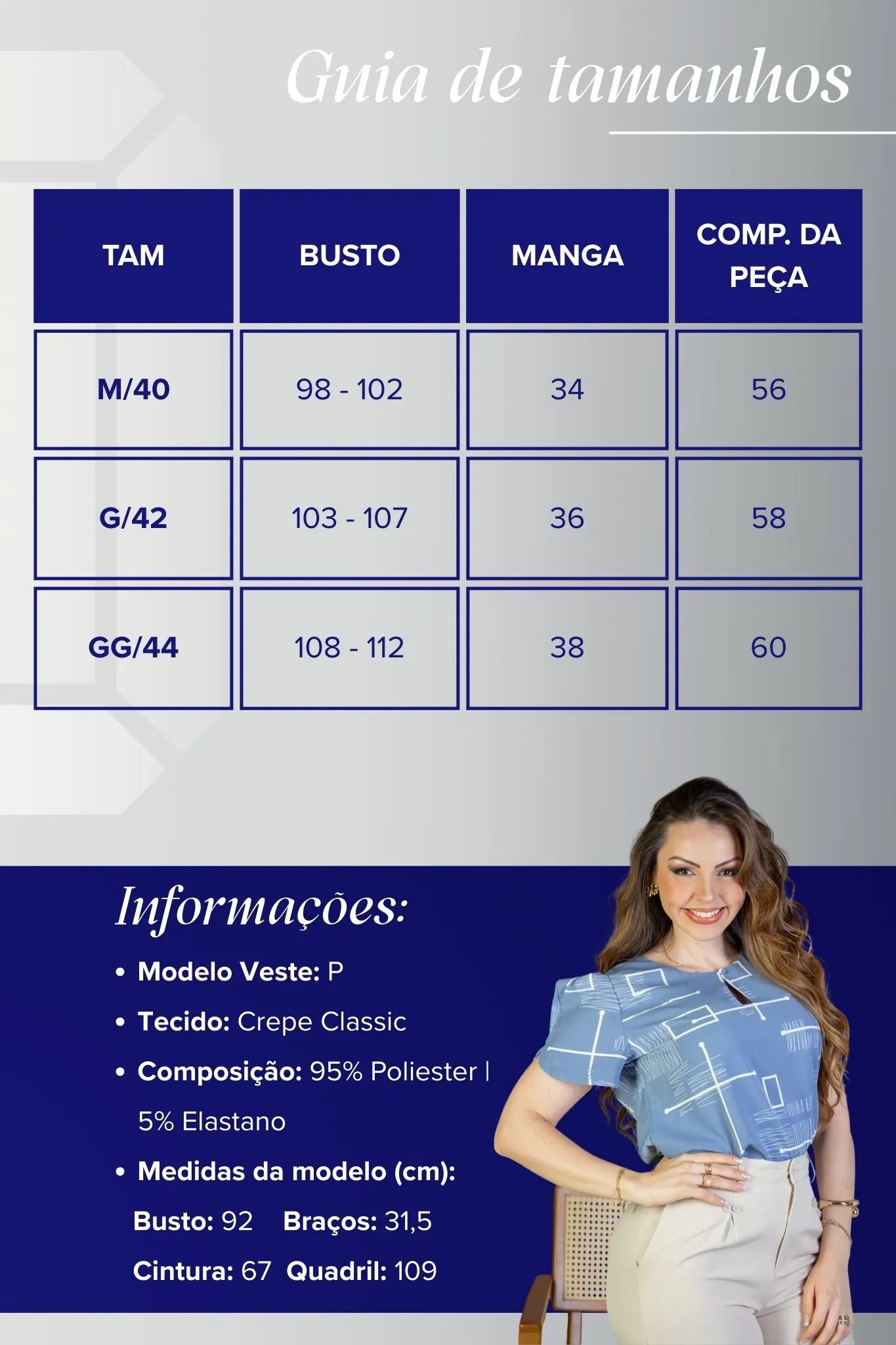 Blusa Manga Curta Colo Detalhe Botão Crepe Classic Samara Estampada Azul