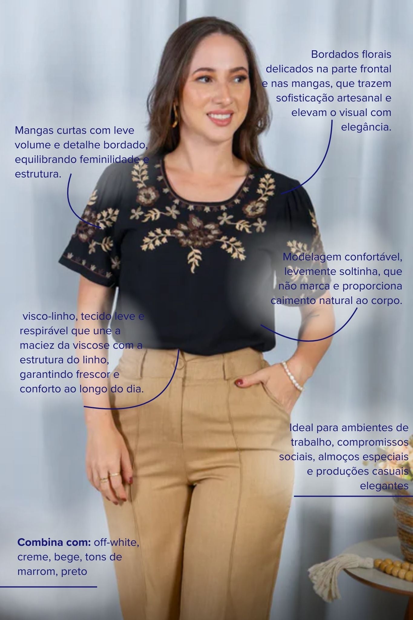 Blusa Manga Curta Visco-Linho Detalhes Bordados em Flores Darcy Preta
