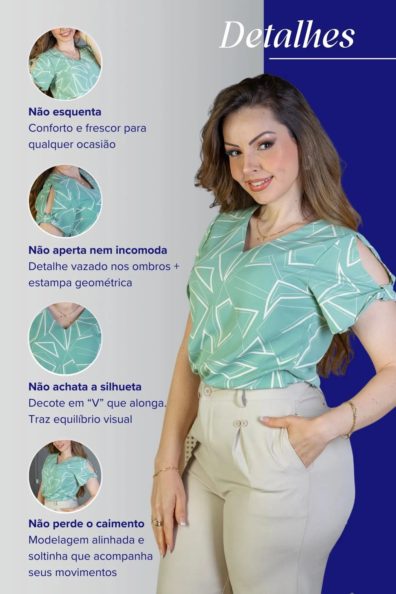 Blusa Manga Curta Decote "V" Crepe Classic Margot Estampada Verde