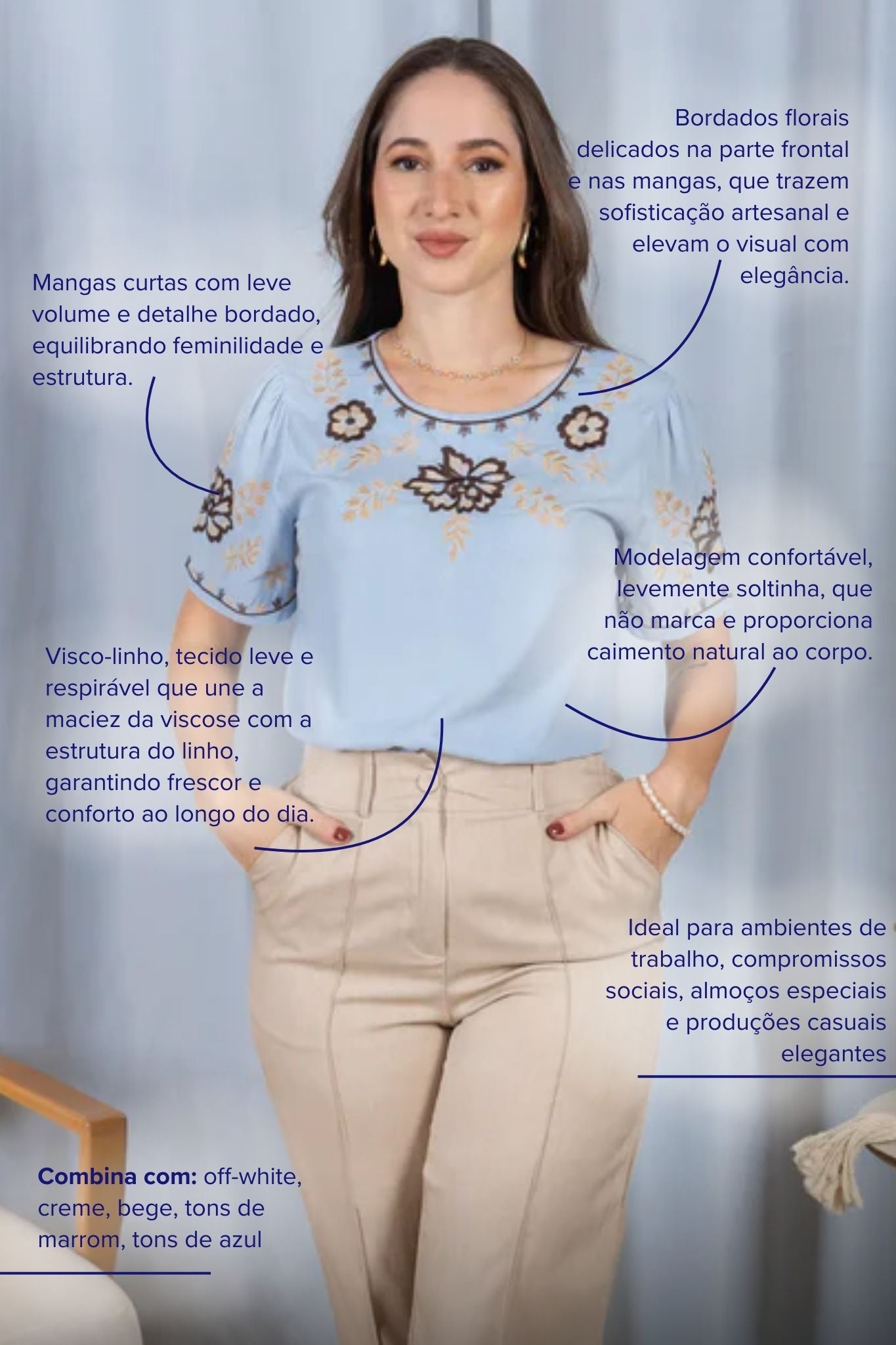Blusa Manga Curta Visco-Linho Detalhes Bordados em Flores Darcy Azul