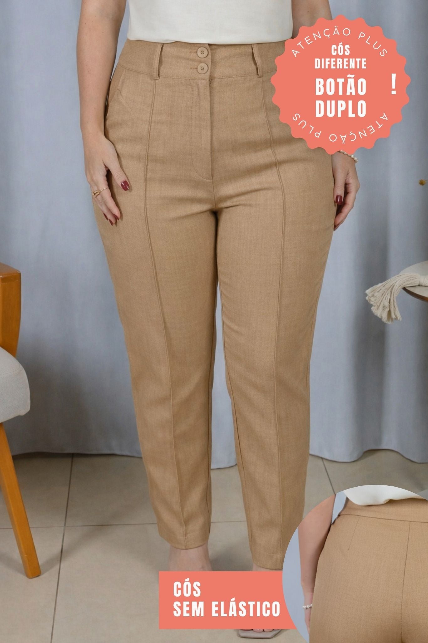 Calça Corte Reto Cotton Alfaiataria Lisse Detalhe em Friso Ariane Bege