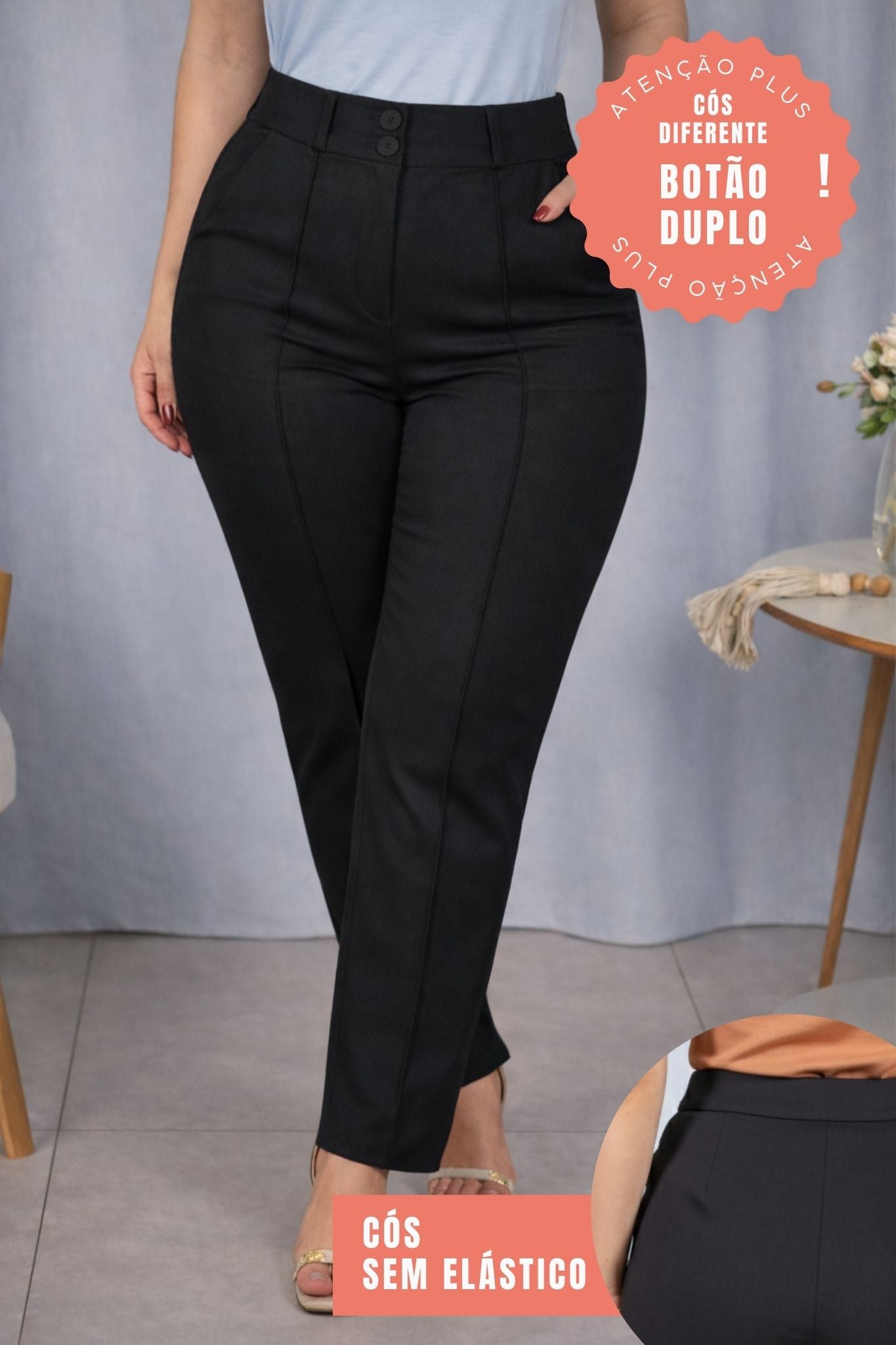 Calça Corte Reto Cotton Alfaiataria Lisse Detalhe em Friso Ariane Preta