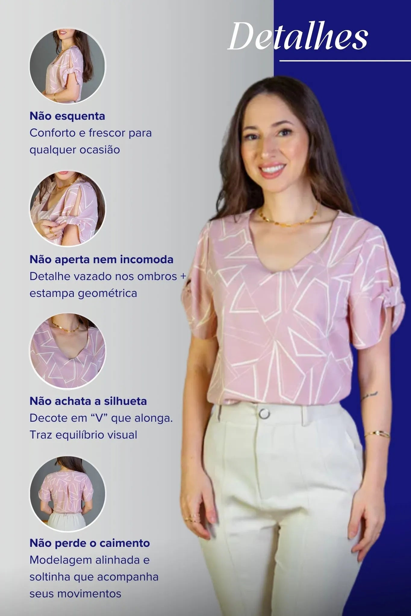 Blusa Manga Curta Decote "V" Crepe Classic Margot Estampada Rosa