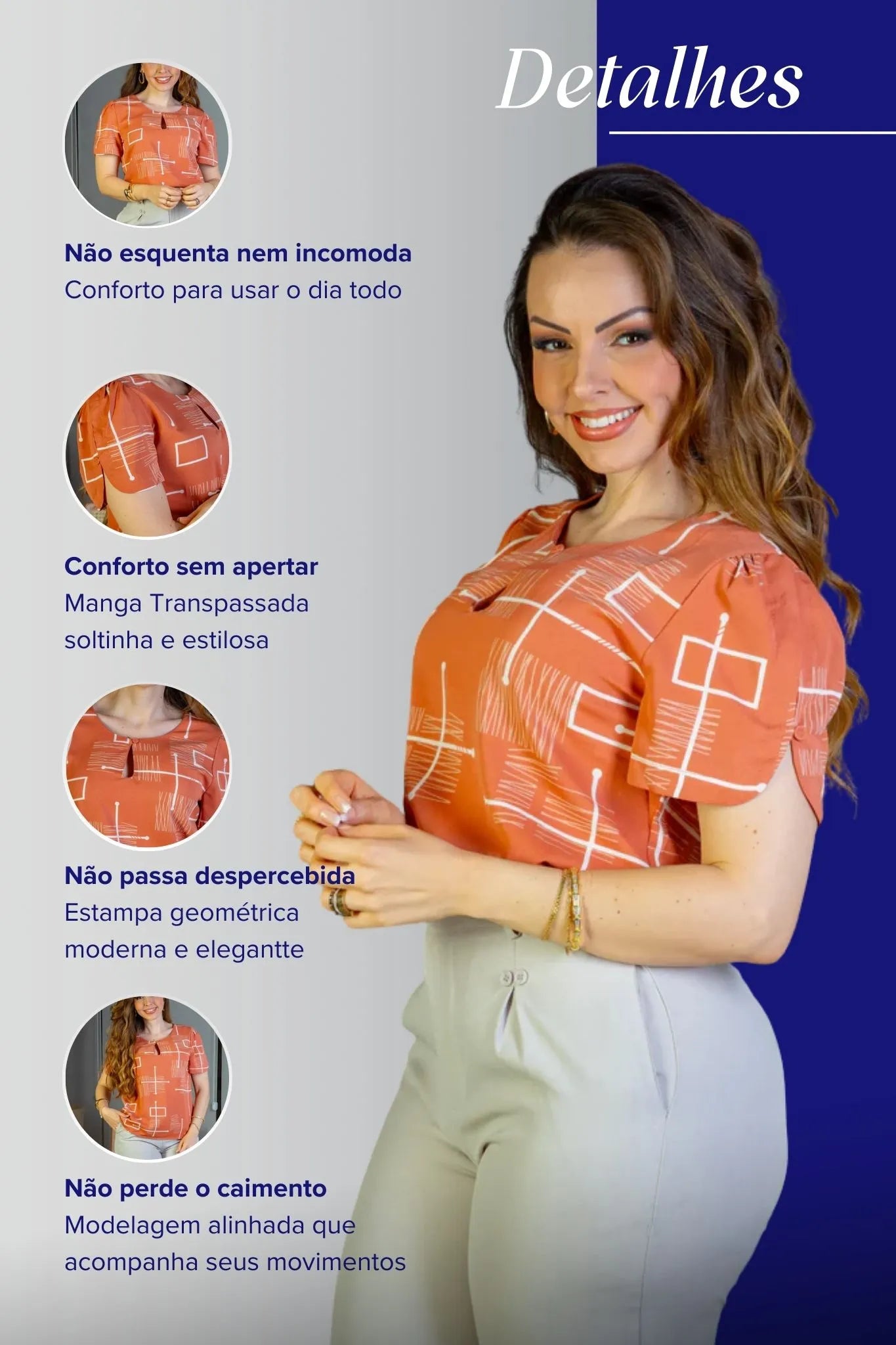 Blusa Manga Curta Colo Detalhe Botão Crepe Classic Samara Estampada Terracota