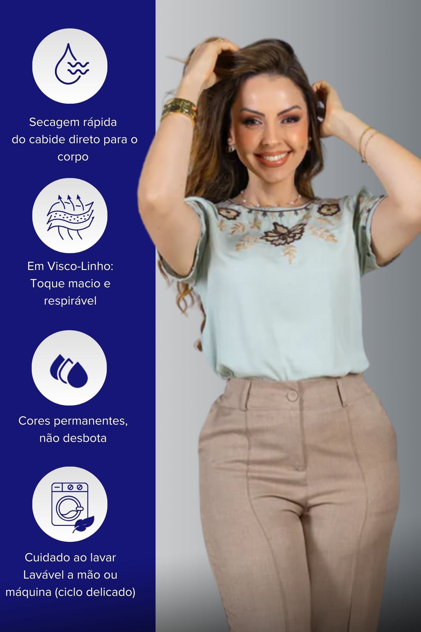Blusa Manga Curta Visco-Linho Detalhes Bordados em Flores Darcy Verde