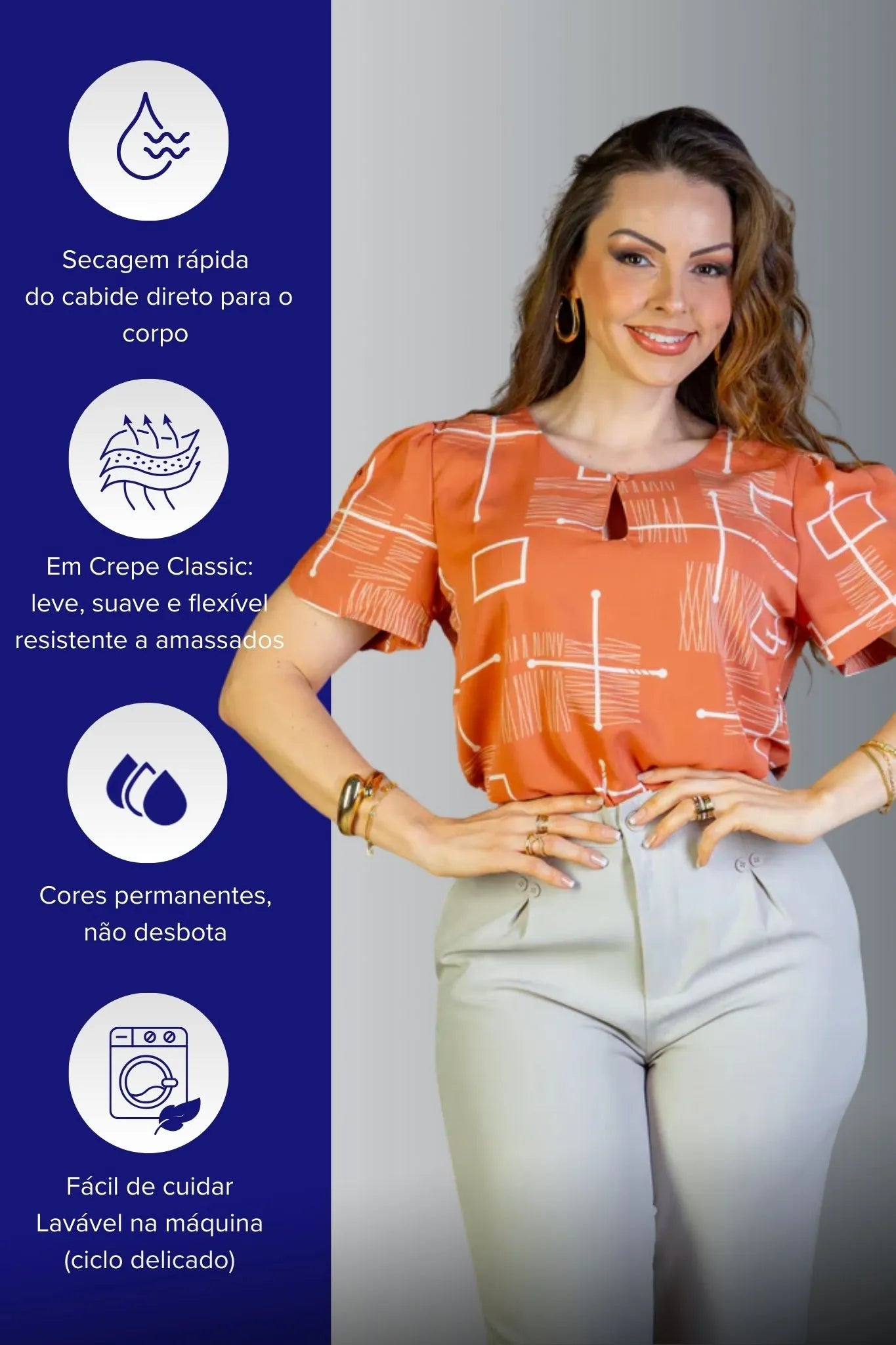 Blusa Manga Curta Colo Detalhe Botão Crepe Classic Samara Estampada Terracota