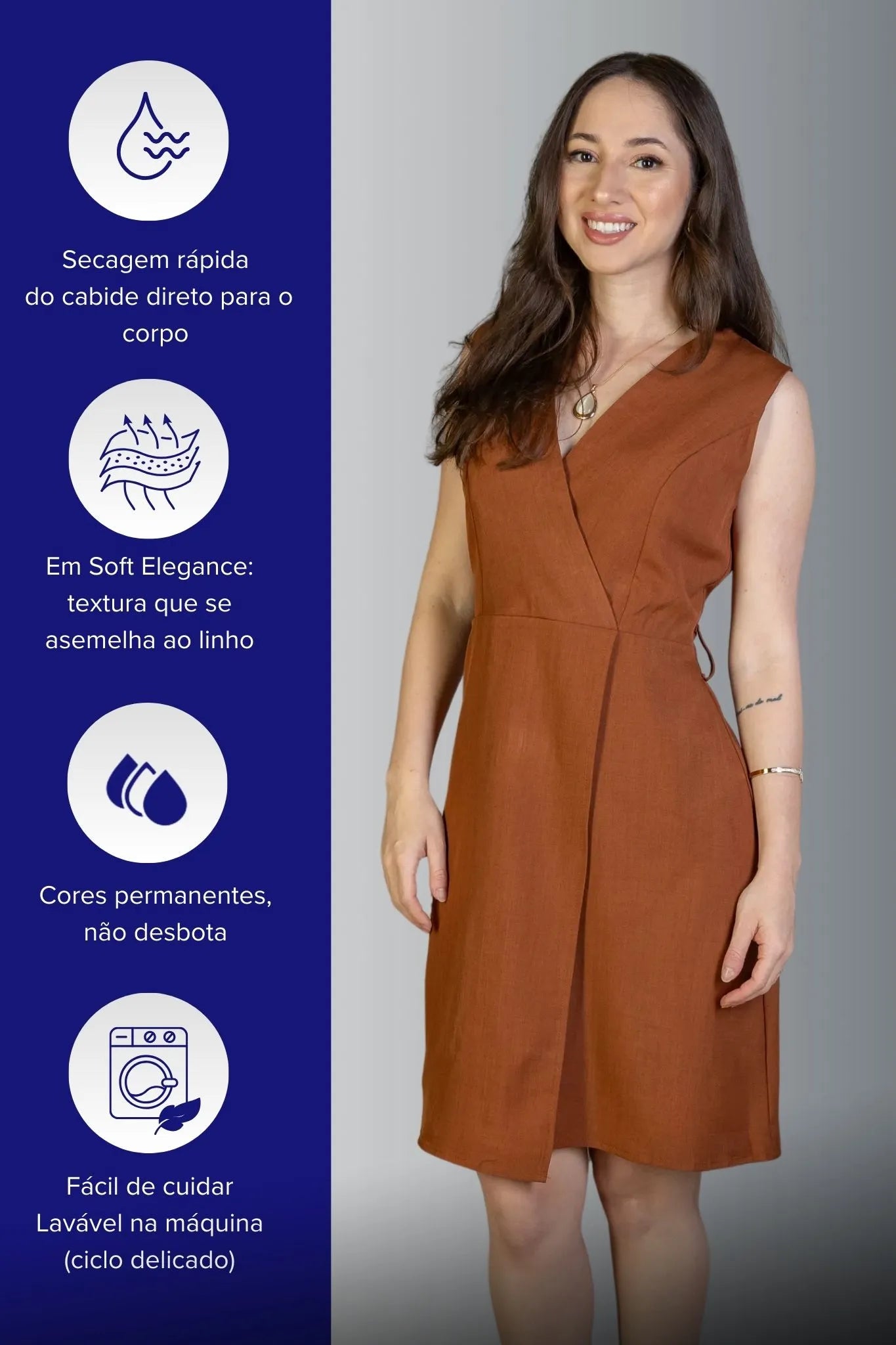 Vestido Decote "V" Regata Detalhe Cinto Soft Elegance Malu Marrom