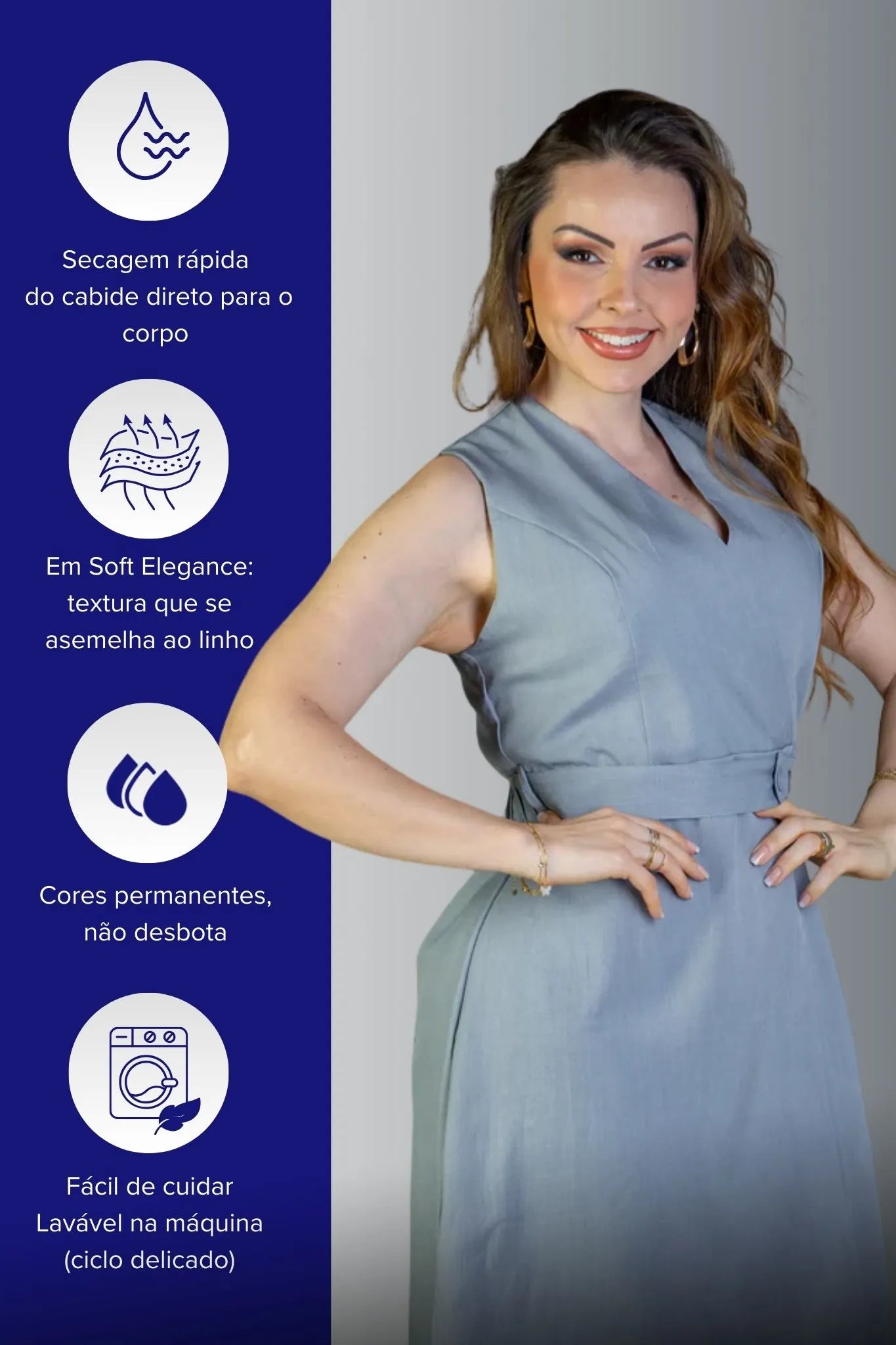 Vestido Decote "V" Regata Detalhe Cinto Soft Elegance Malu Azul