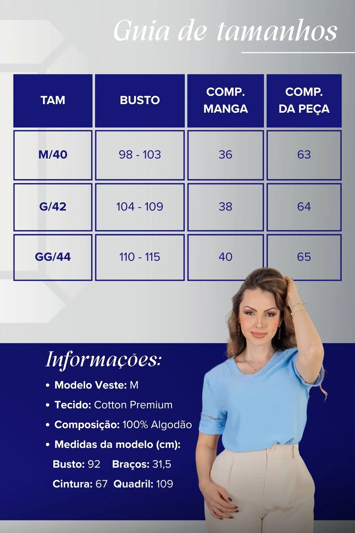 Blusa Manga Curta Cotton Premium Detalhe Bordado Decote "V" Bia Azul
