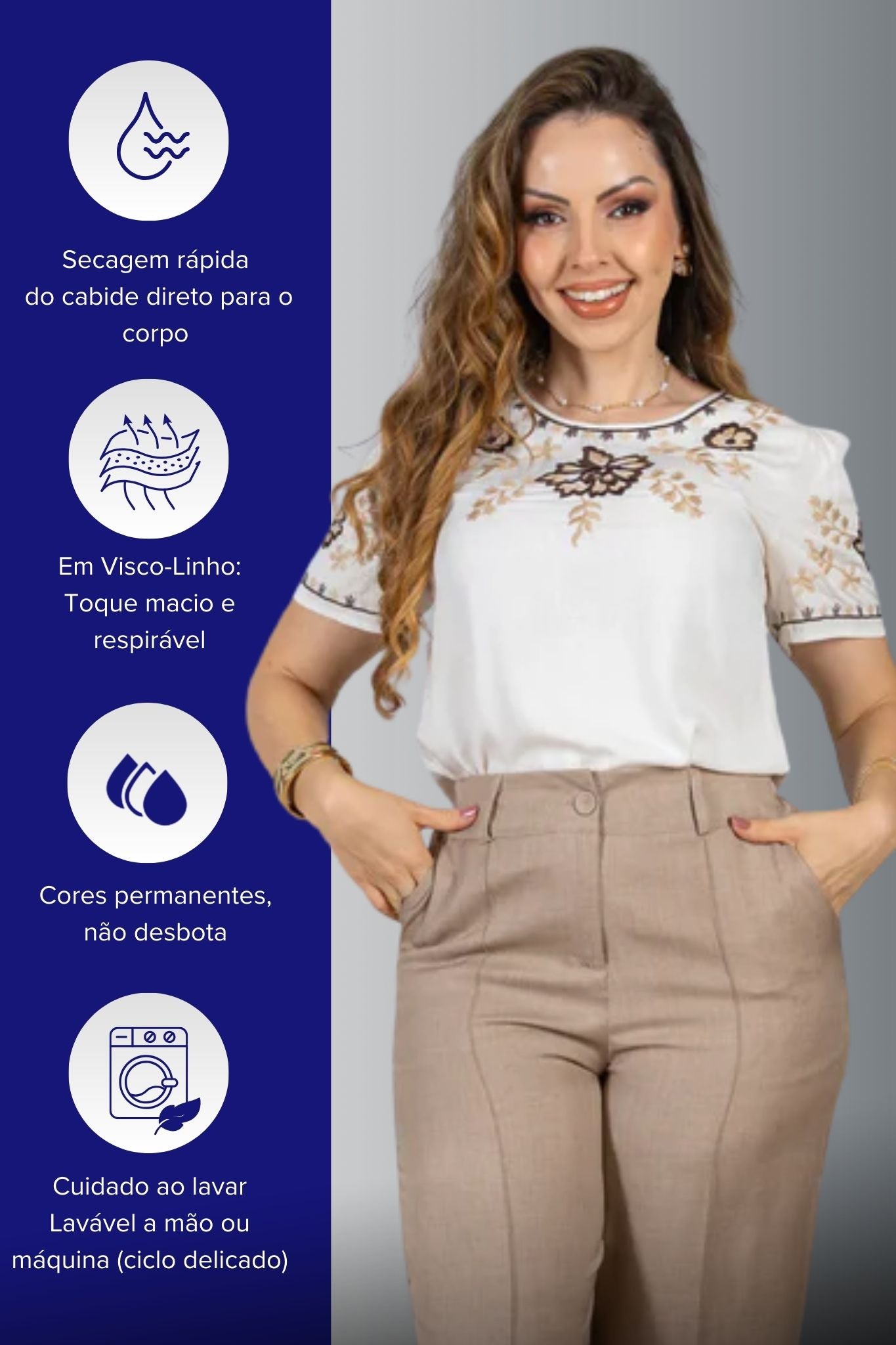 Blusa Manga Curta Visco-Linho Detalhes Bordados em Flores Darcy Branca