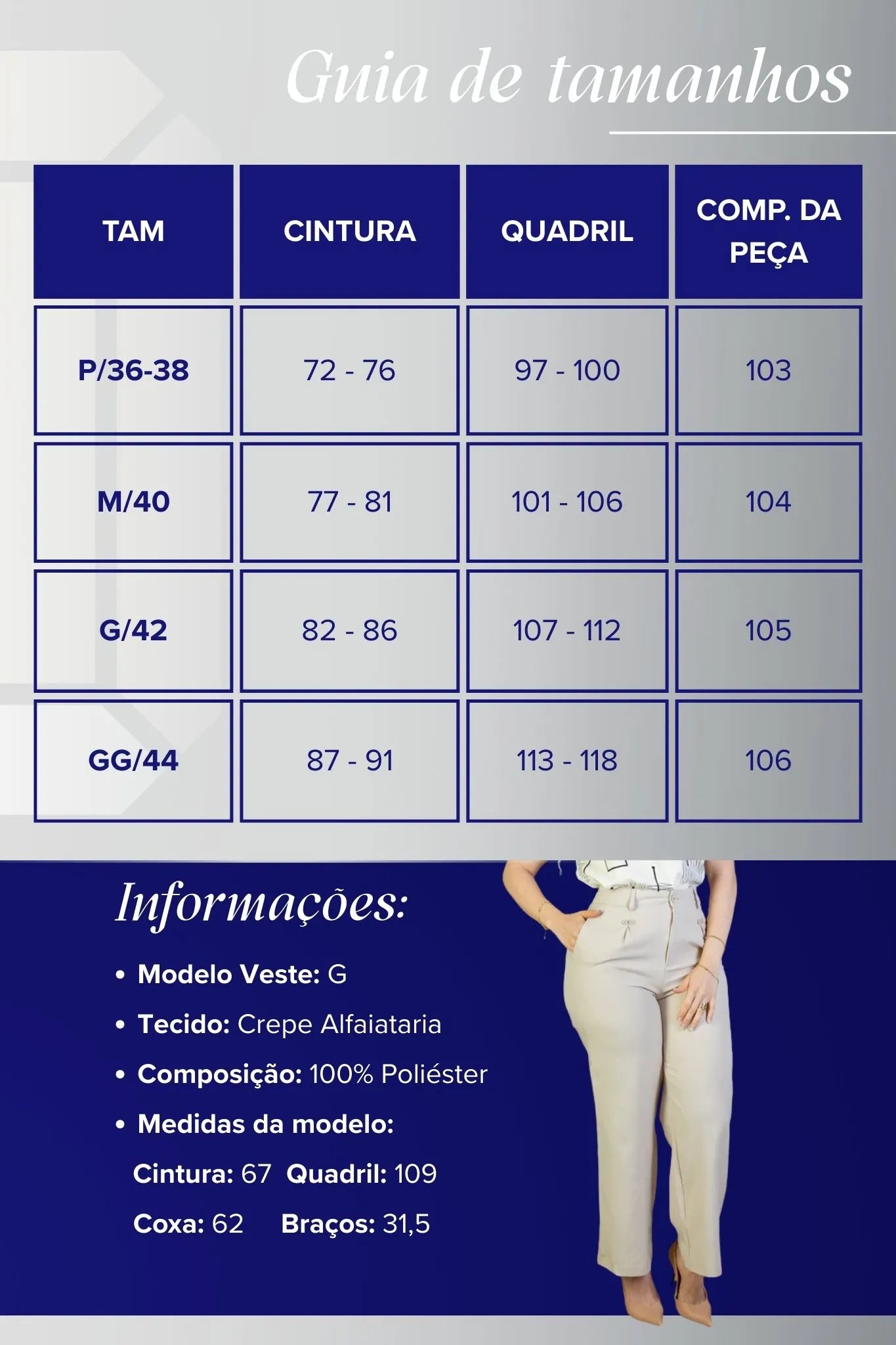 Calça Pantalona Detalhe Botões Crepe Alfaiataria Larissa Bege