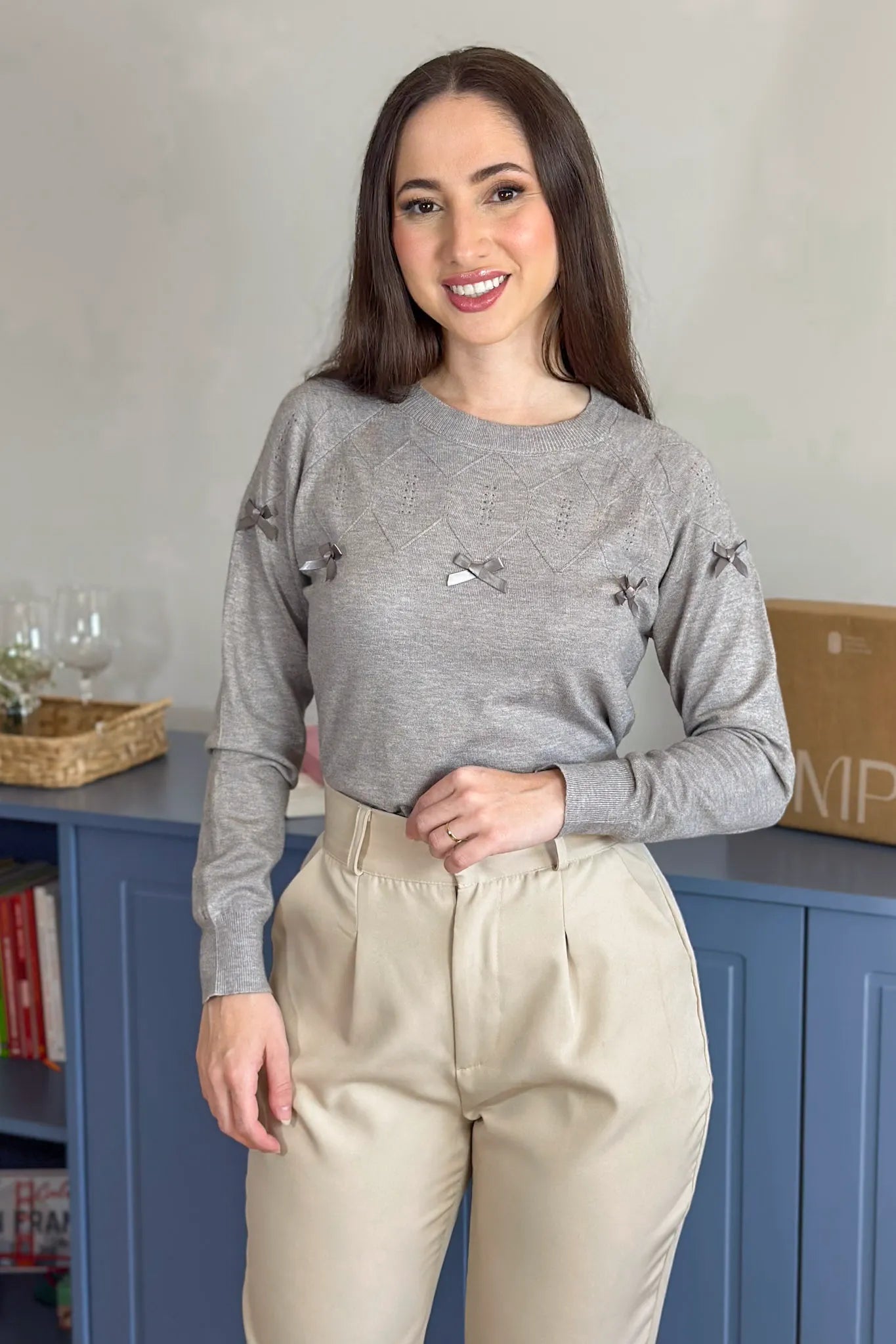 Blusa Manga Longa Em Tricot Cotton Ágata Cinza