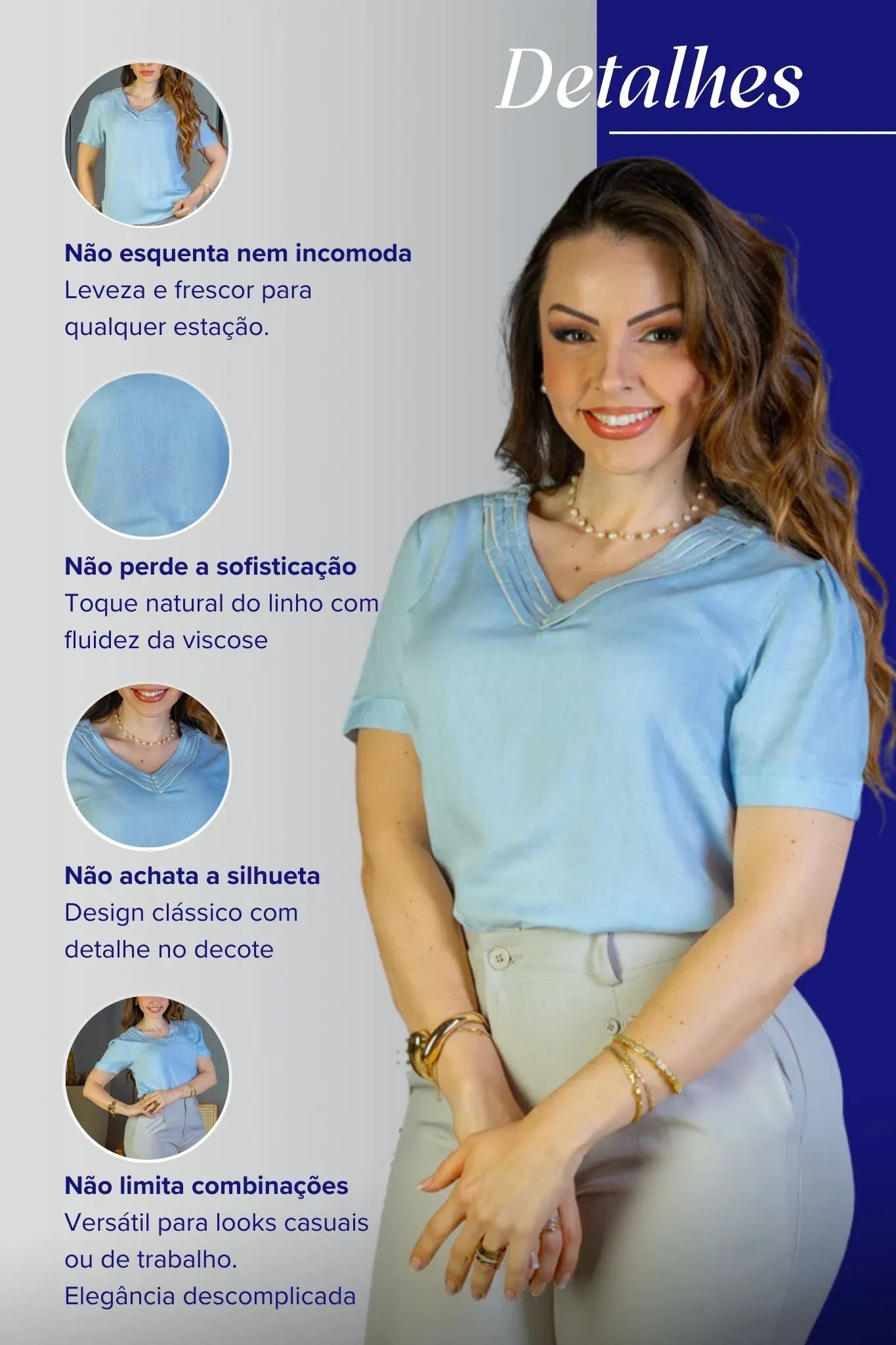 Blusa Manga Curta Detalhe Decote "V" Visco-Linho Marília Azul