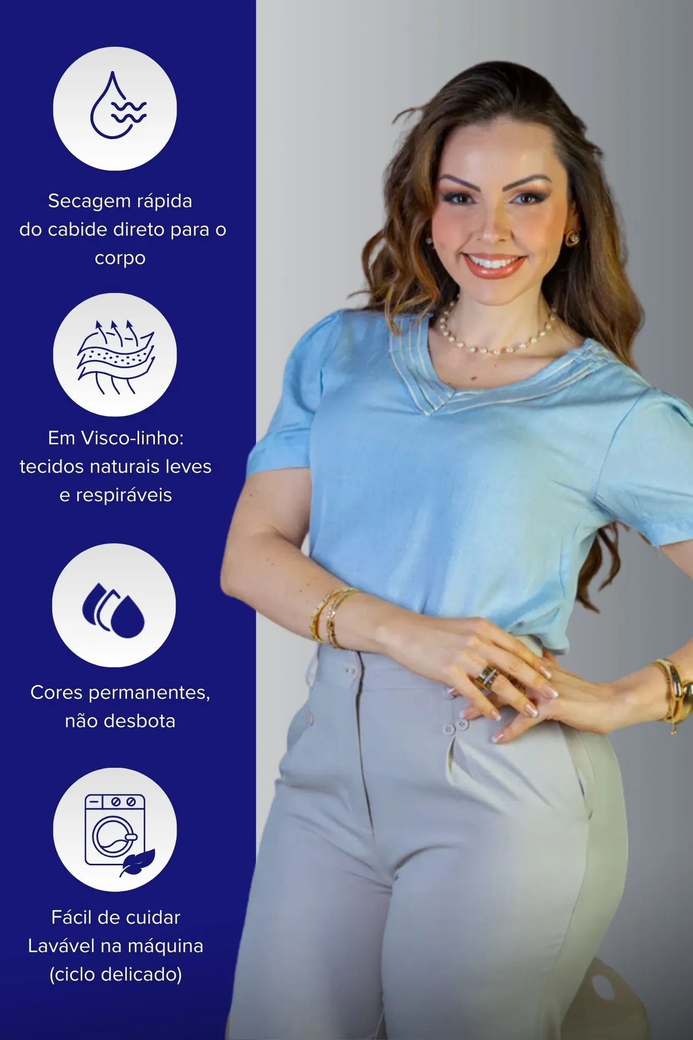 Blusa Manga Curta Detalhe Decote "V" Visco-Linho Marília Azul