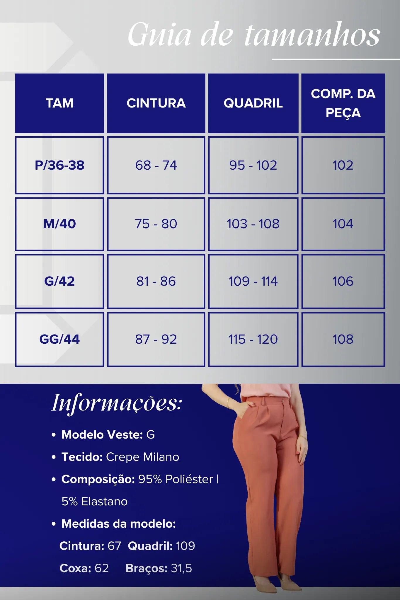 Calça Pantalona Crepe Milano Detalhe Botão Encapado Elena Terracota
