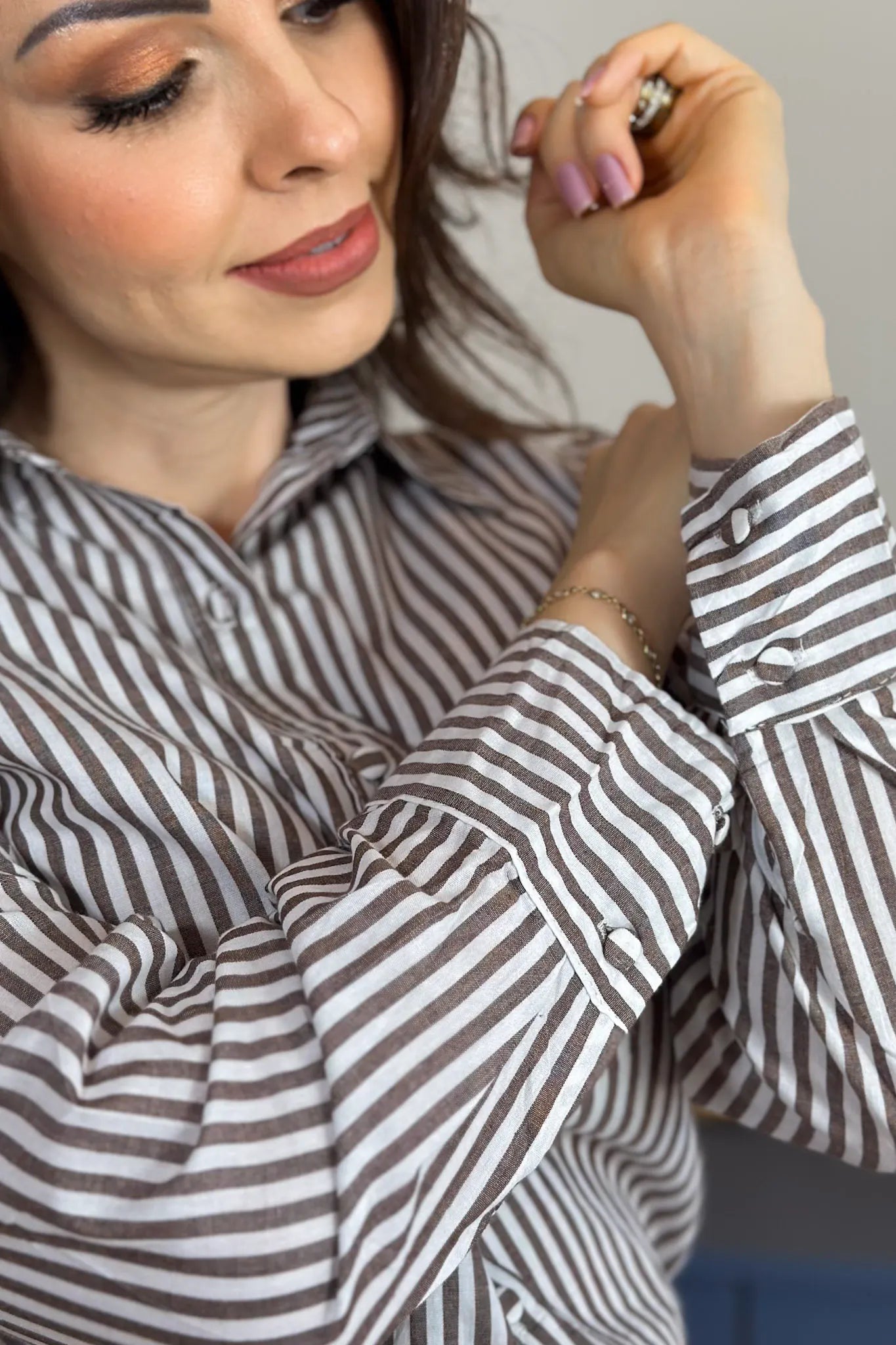 Camisa Manga Longa Classic Listrada Franciele Marrom