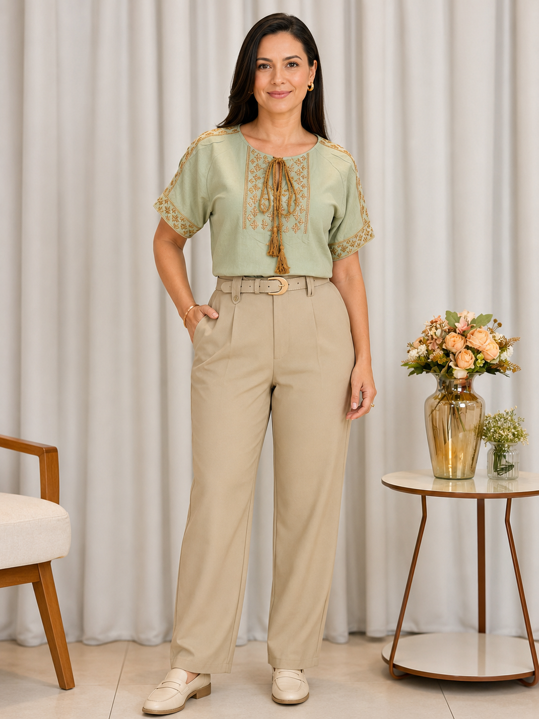 Blusa Em Cotton Linho Fresca Bordada Com Amarração Edna Verde