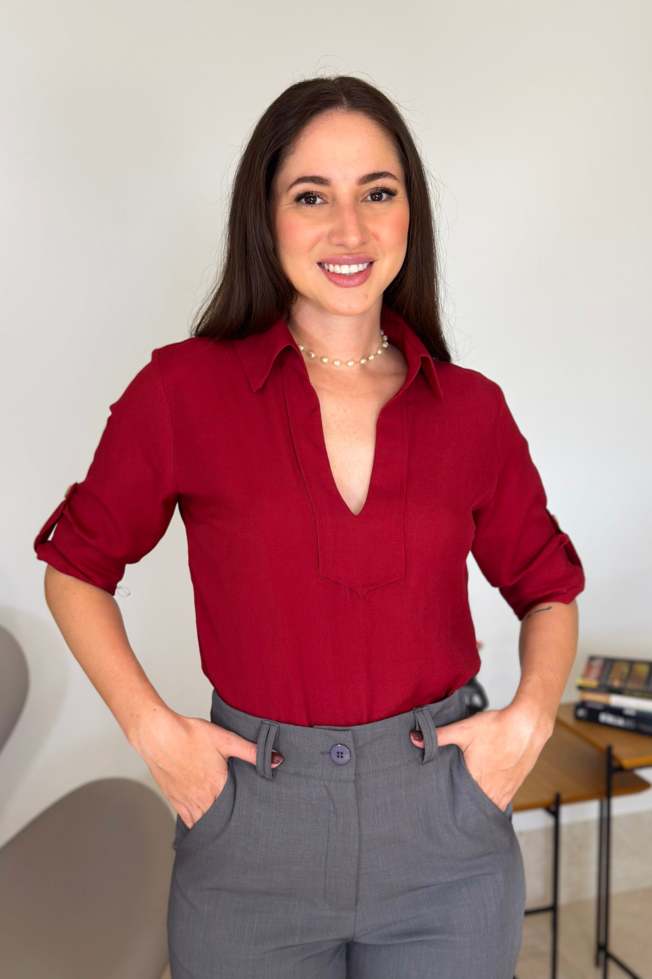 Blusa Manga 3/4 em Visco Soft Detalhe Botão Elisabeth Bordô