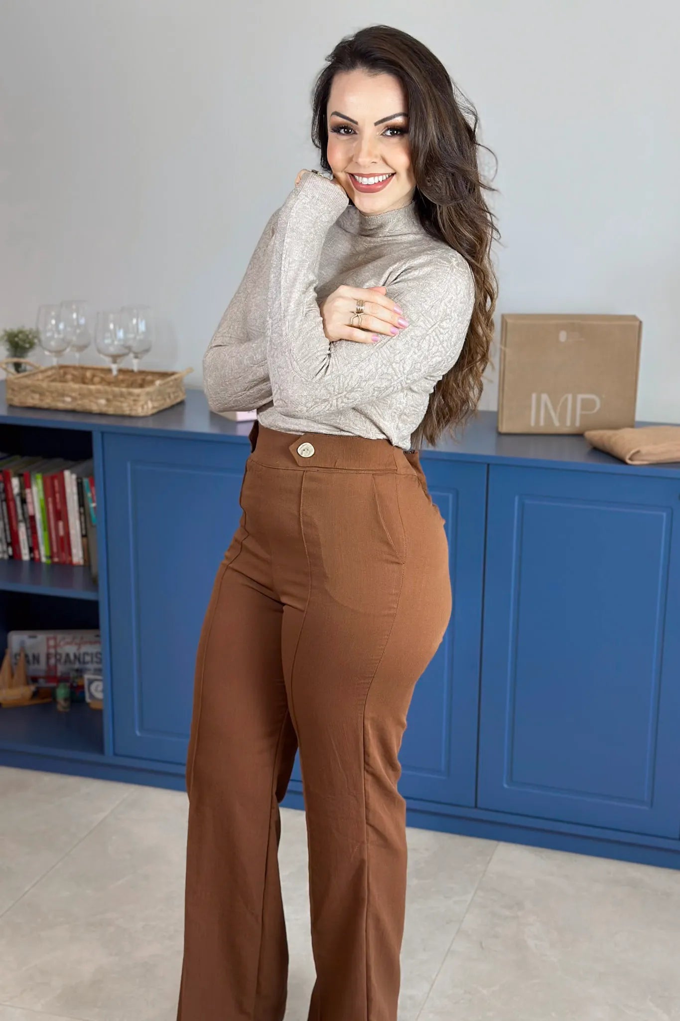Blusa Manga Longa Em Tricot Cotton Margaret Bege
