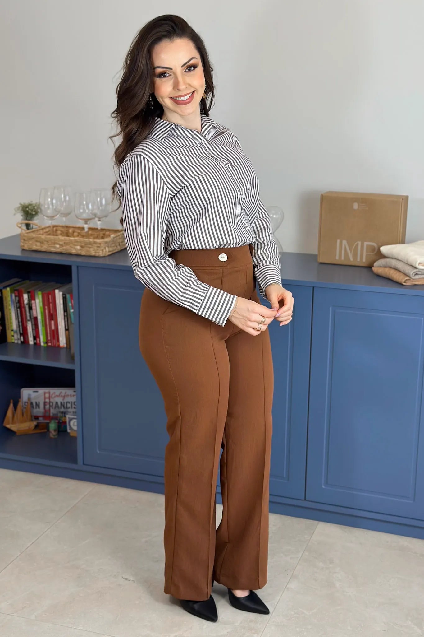 Camisa Manga Longa Classic Listrada Franciele Marrom