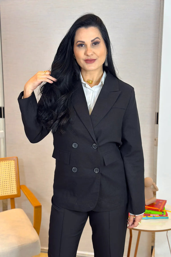 Blazer Em Poli-linho Detalhe Botões Bolso Fake Jasmim Preto