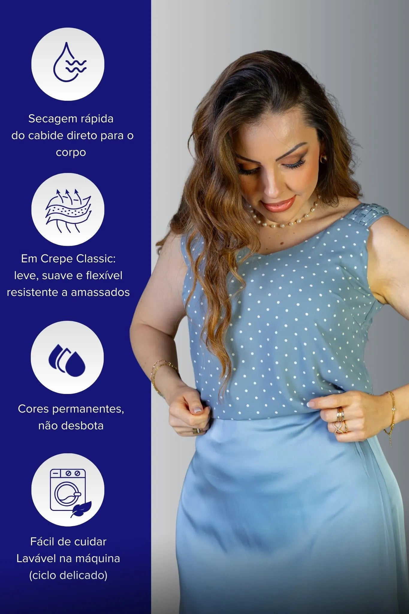 Blusa Regata Detalhe Alça Estampada Poá Crepe Classic Isabel Azul