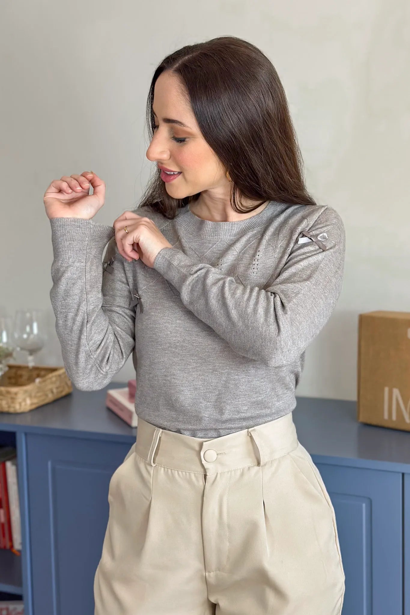 Blusa Manga Longa Em Tricot Cotton Ágata Cinza