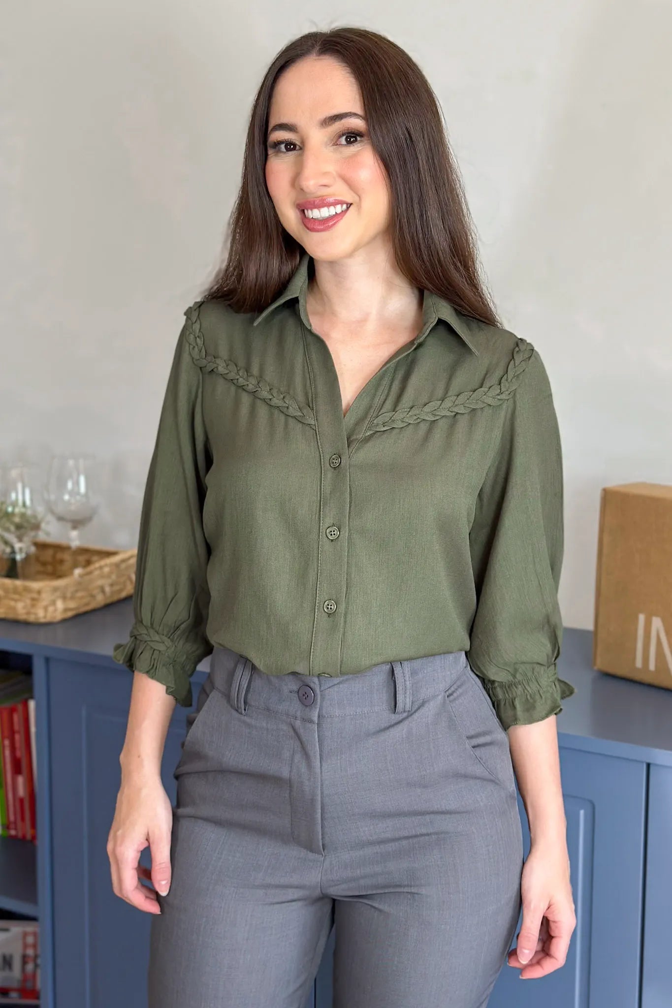 Blusa Manga 3/4 Visco Soft Detalhe Trançado Elenir Verde Militar