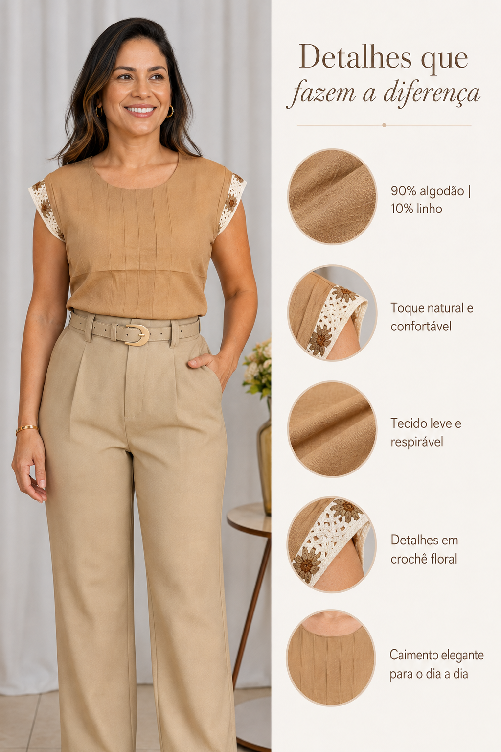 Blusa Em Visco Linho Manga Muscle Bordada Elen Marrom