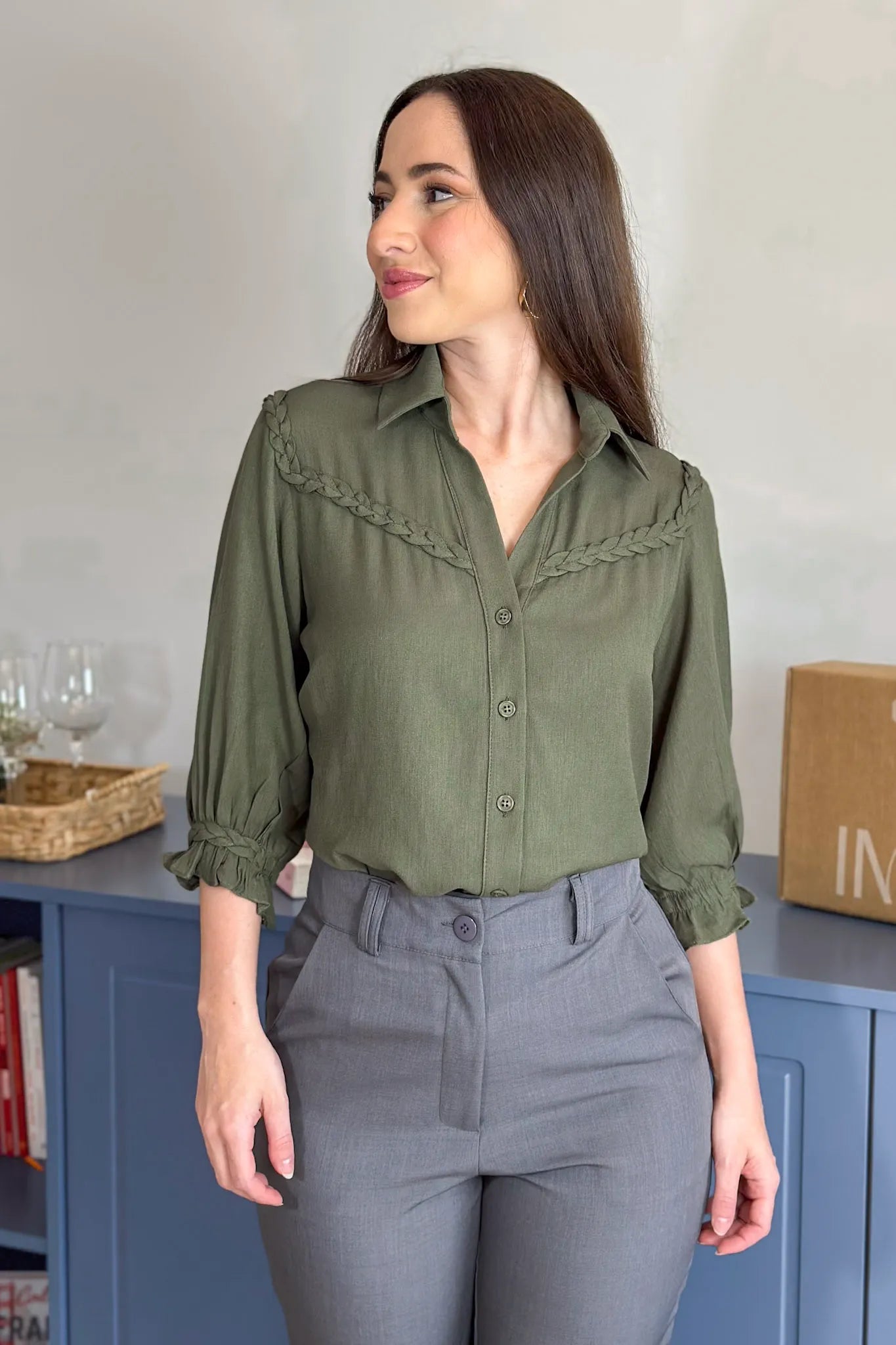 Blusa Manga 3/4 Visco Soft Detalhe Trançado Elenir Verde Militar