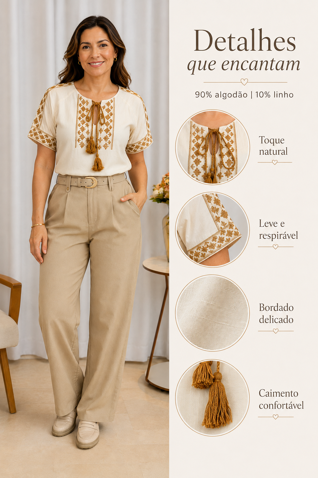 Blusa Em Cotton Linho Fresca Bordada Com Amarração Edna Creme