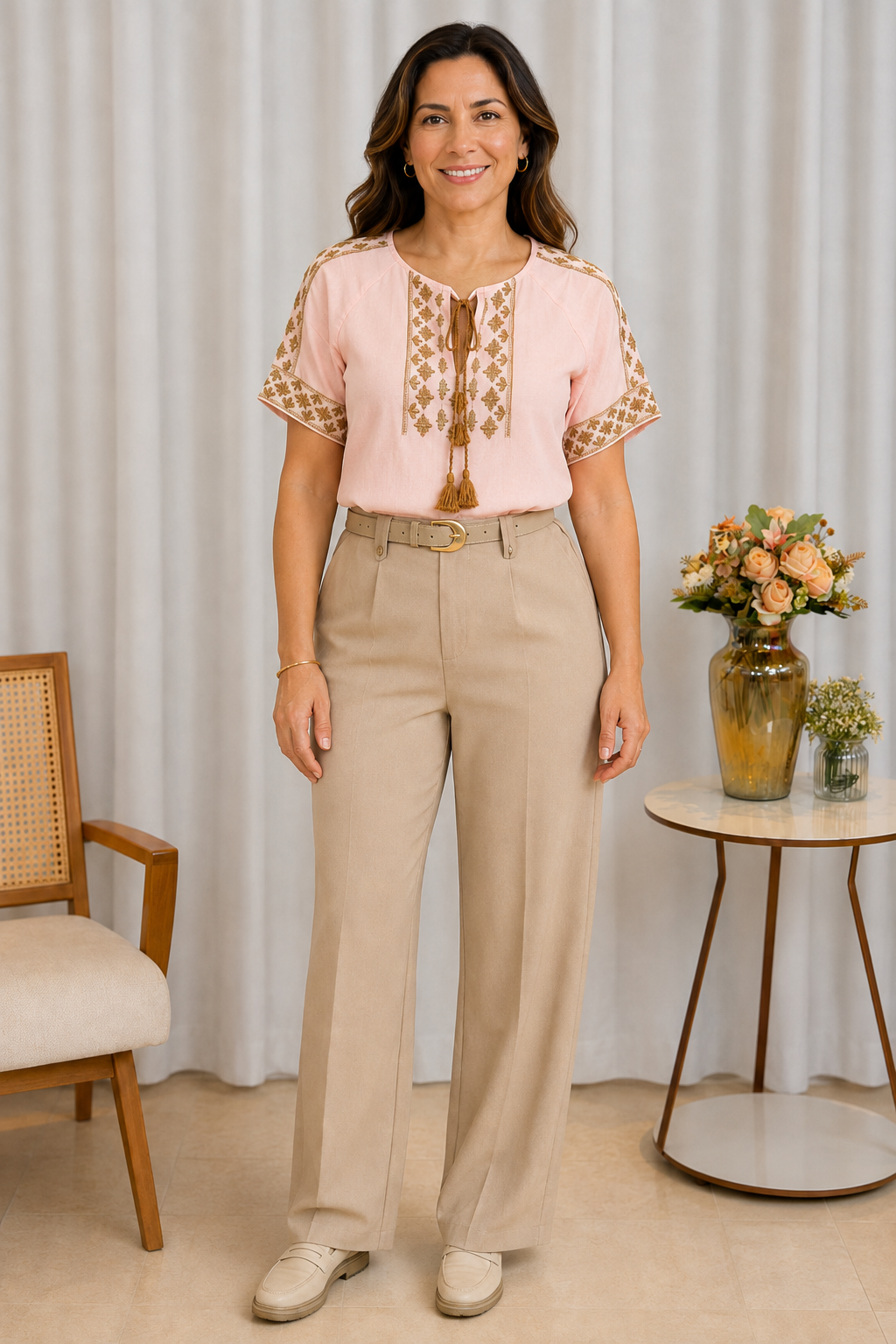 Blusa Em Cotton Linho Fresca Bordada Com Amarração Edna Rosa