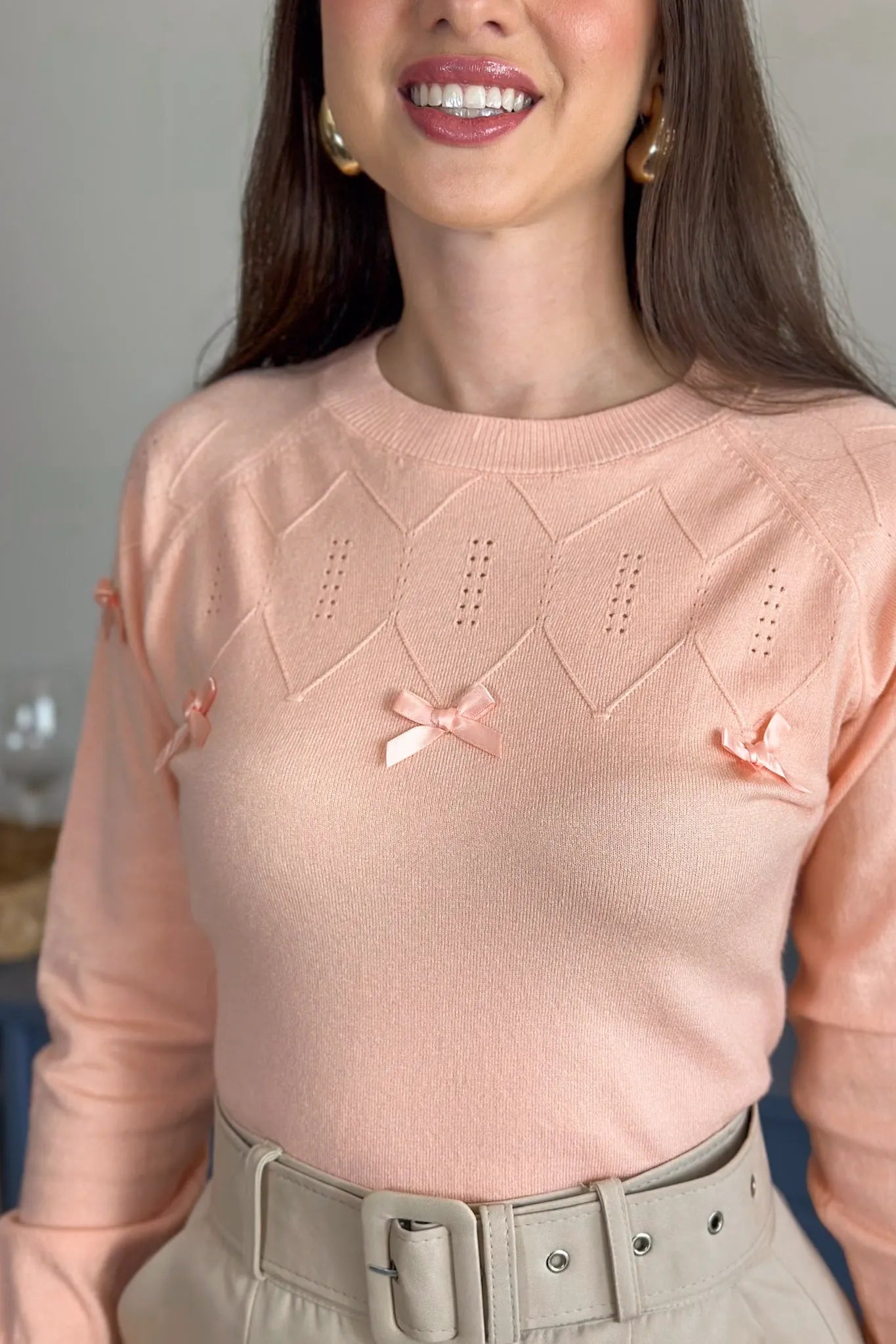 Blusa Manga Longa Em Tricot Cotton Ágata Rosa Claro
