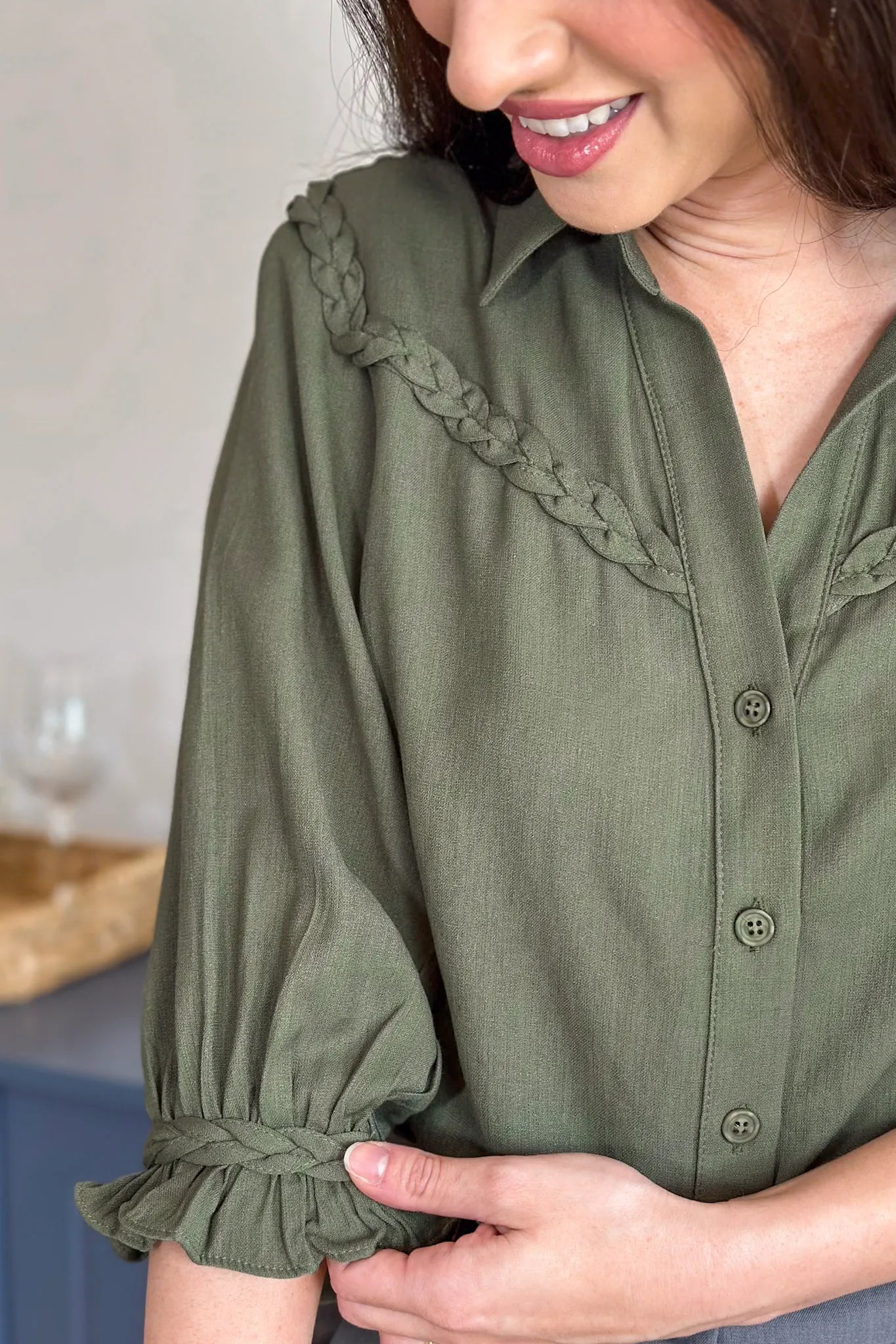 Blusa Manga 3/4 Visco Soft Detalhe Trançado Elenir Verde Militar