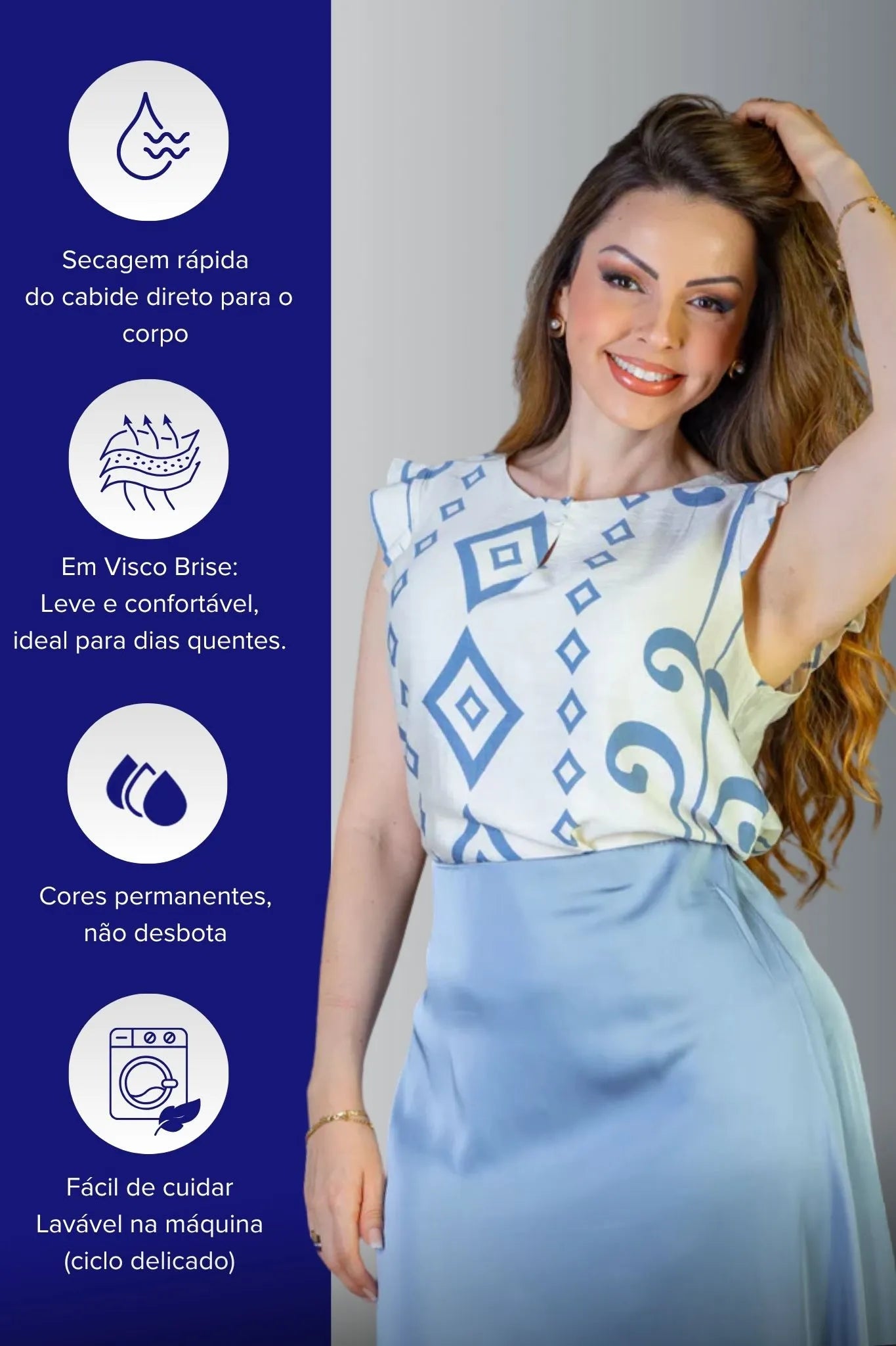 Blusa Regata Babados Sheila Visco Brise Estampada Azul Acinzentado