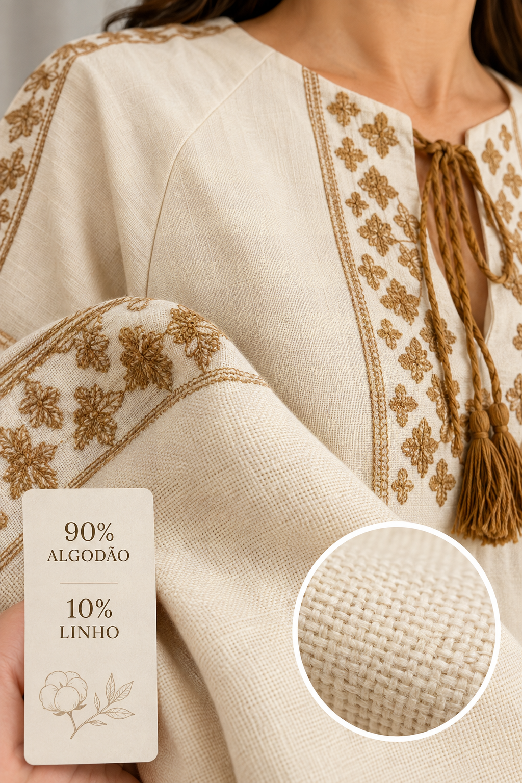Blusa Em Cotton Linho Fresca Bordada Com Amarração Edna Creme