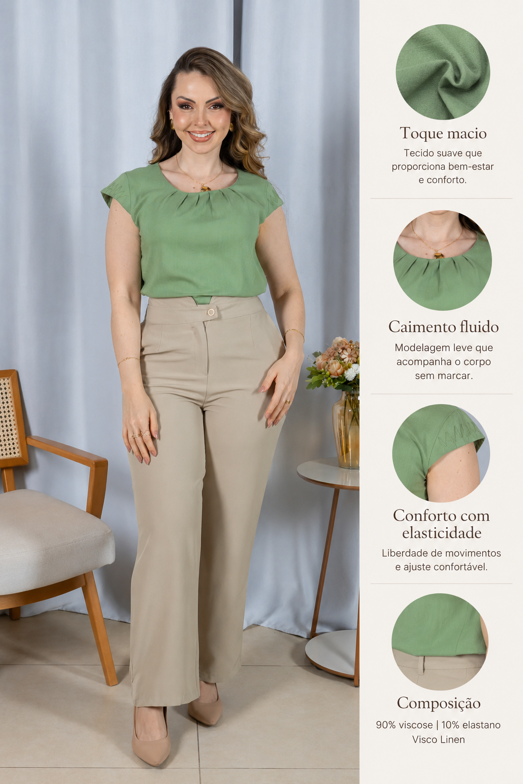 Blusa Visco Linen Muscle com Pregas no Decote Alana Verde