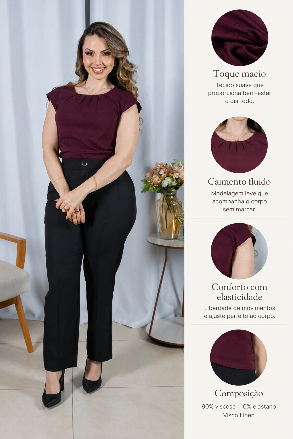 Blusa Visco Linen Muscle com Pregas no Decote Alana Marsala